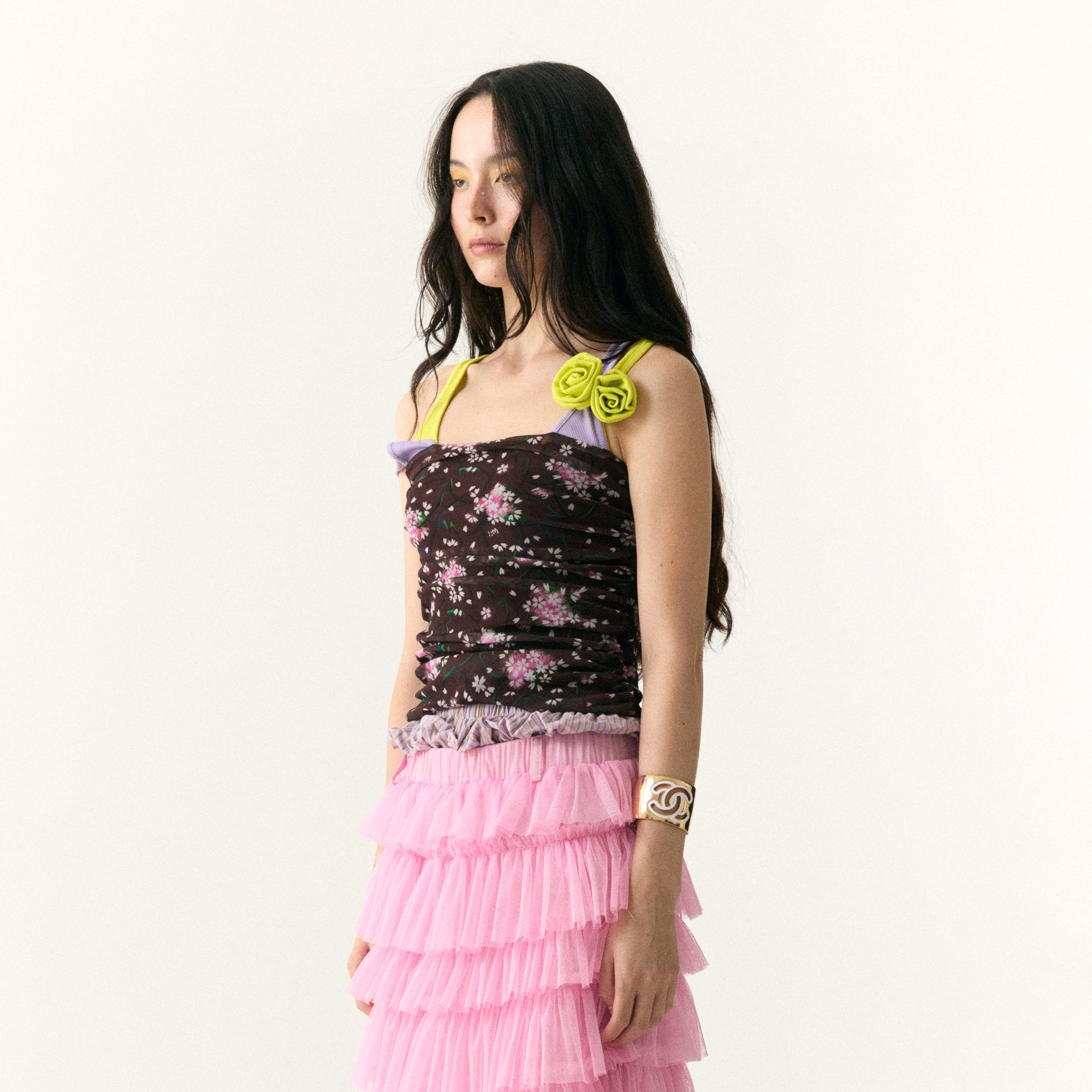 WII WIL Layered Rosette Floral Mesh Tank Top