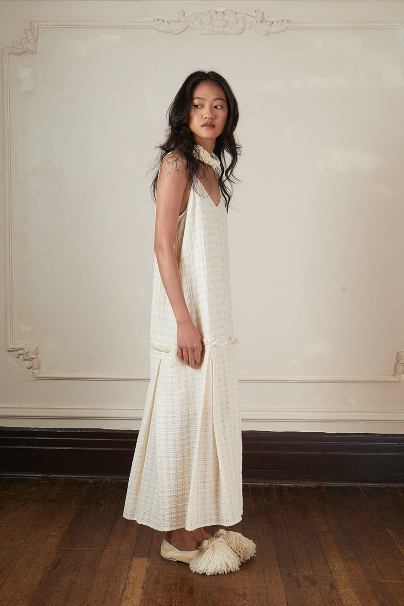 CAIRA Crinkled Frayed Seam Drop-Waist Maxi Dress