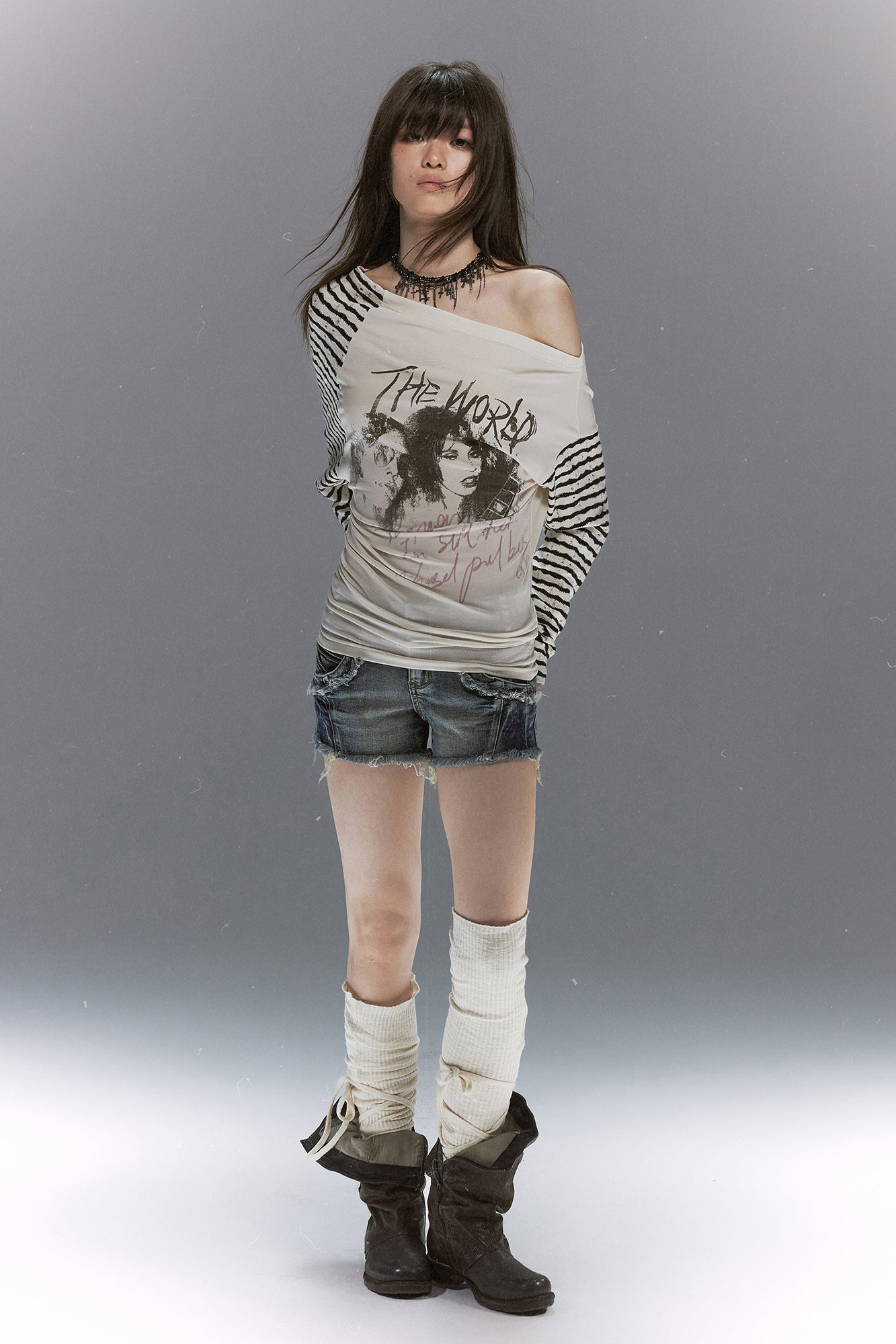 CESTNOUS Punk Graphic Spliced Striped Off-Shoulder Long-Sleeve Tee