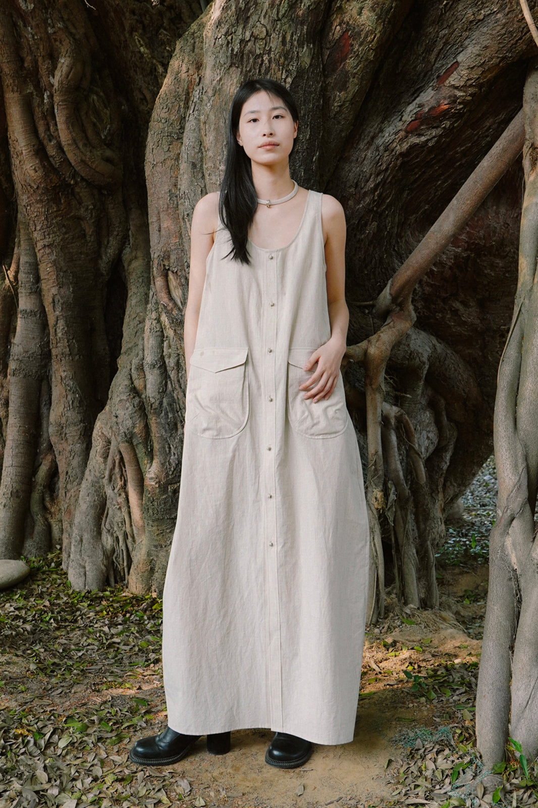 CAIRA Utility Pocket Button-Front Maxi Dress