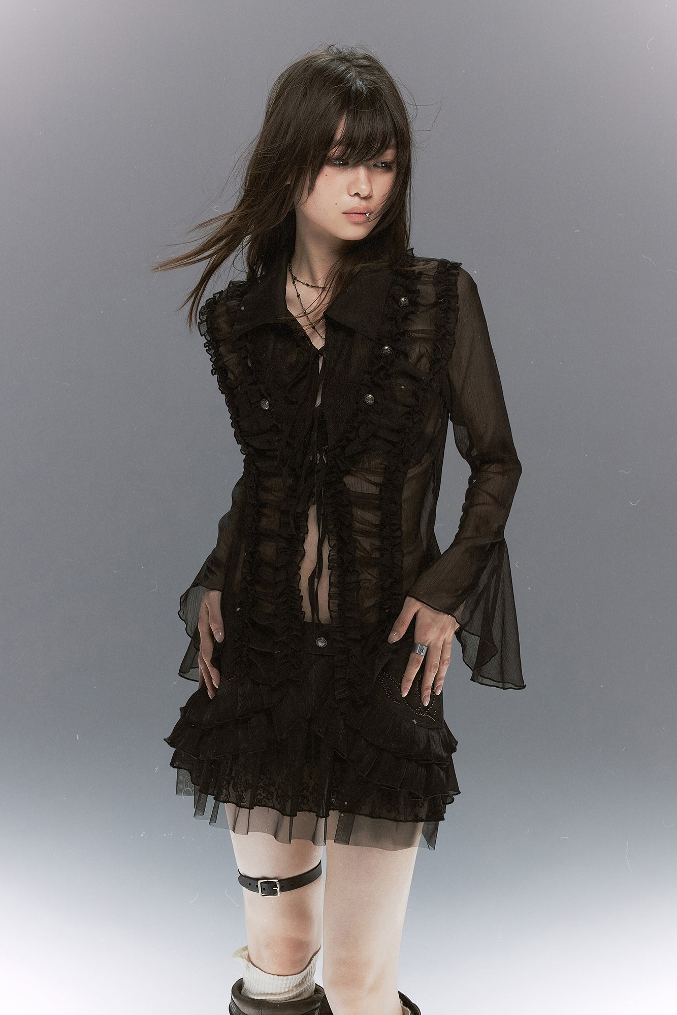 CESTNOUS Ruffle Lace-Panel Bell-Sleeve Shirt