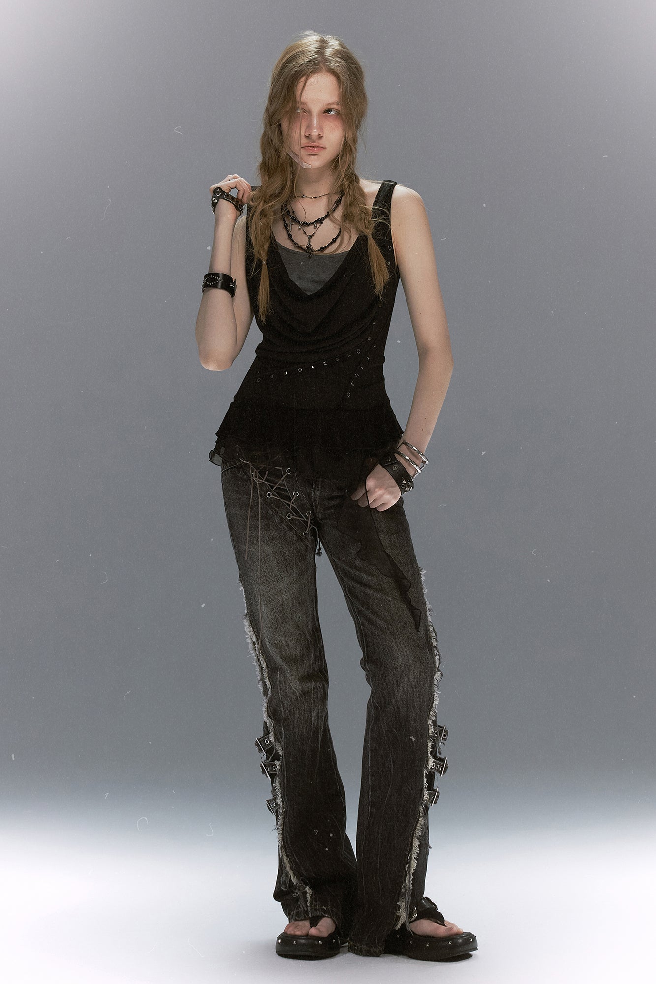 CESTNOUS Studded Lace-Up Back Ruffle-Hem Tank Top