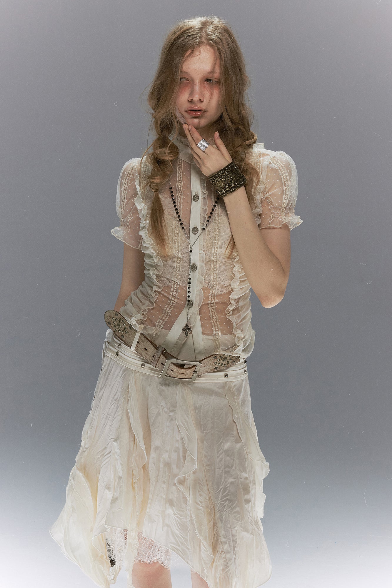 CESTNOUS Sheer Lace Ruched Puff-Sleeve Blouse