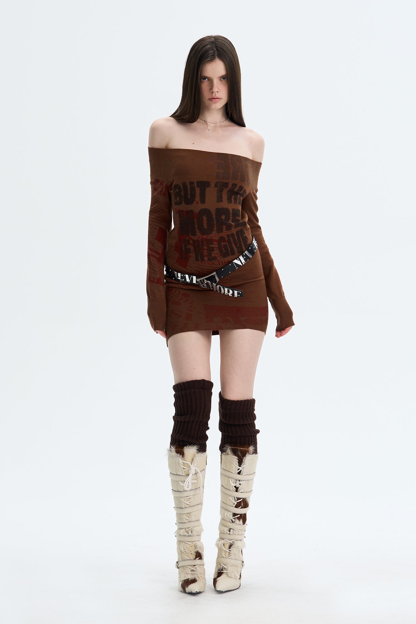 THE NEVERMORE Graphic Off-Shoulder Knit Mini Dress