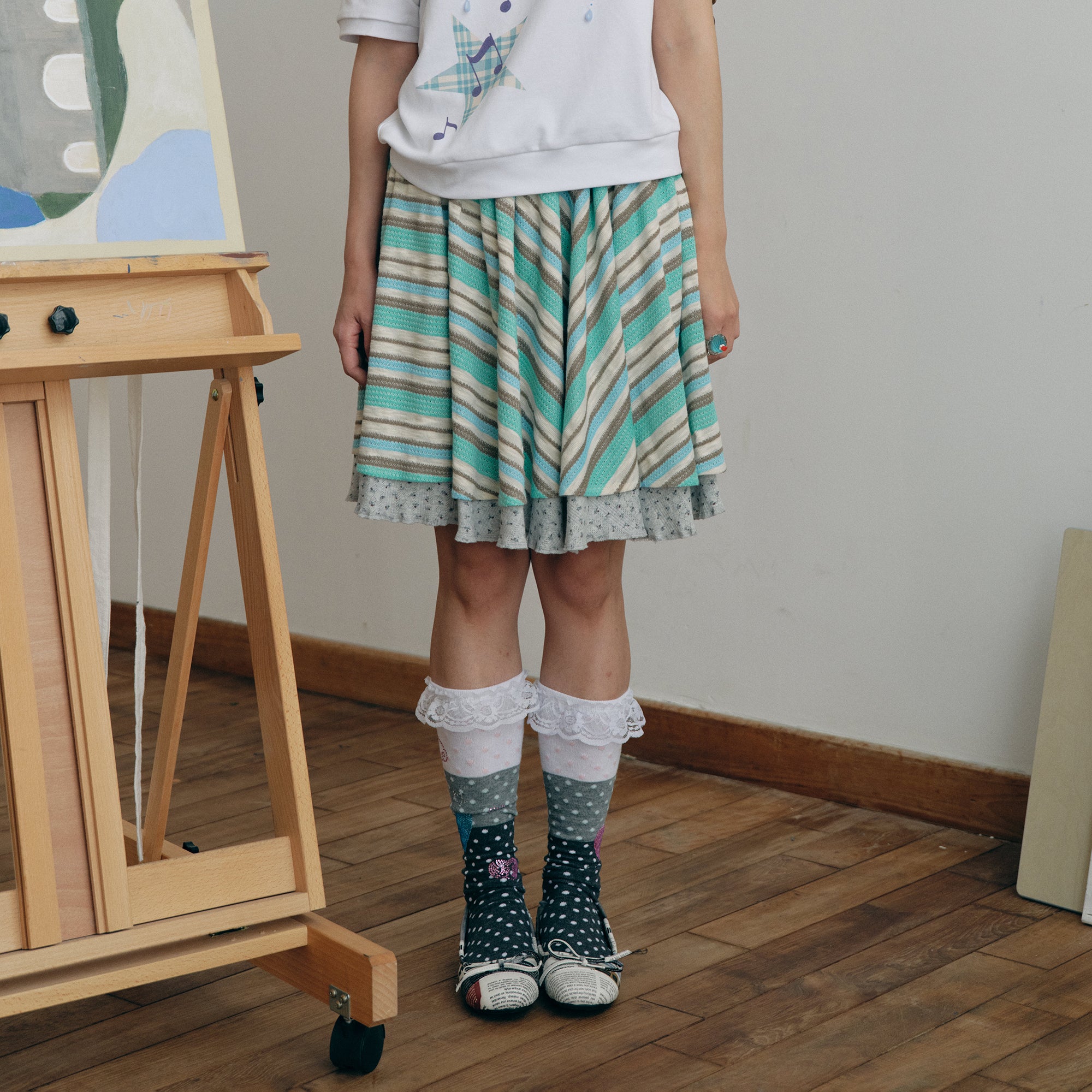 HAVE A MEAL Double-Layer Striped Knit Flared Skirt