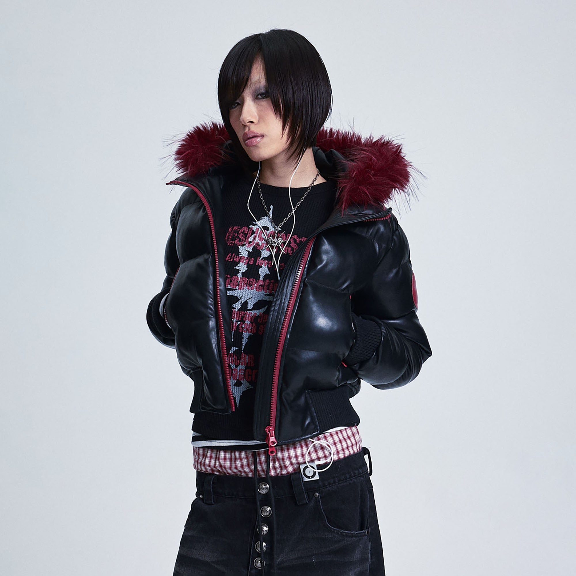 NONAME SPACE Skull Detachable Hood PU Bomber Jacket