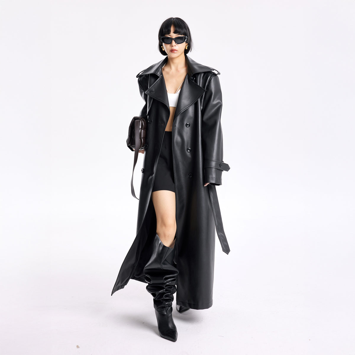 TINY IN STUDIO Faux Leather Longline Windbreaker Coat