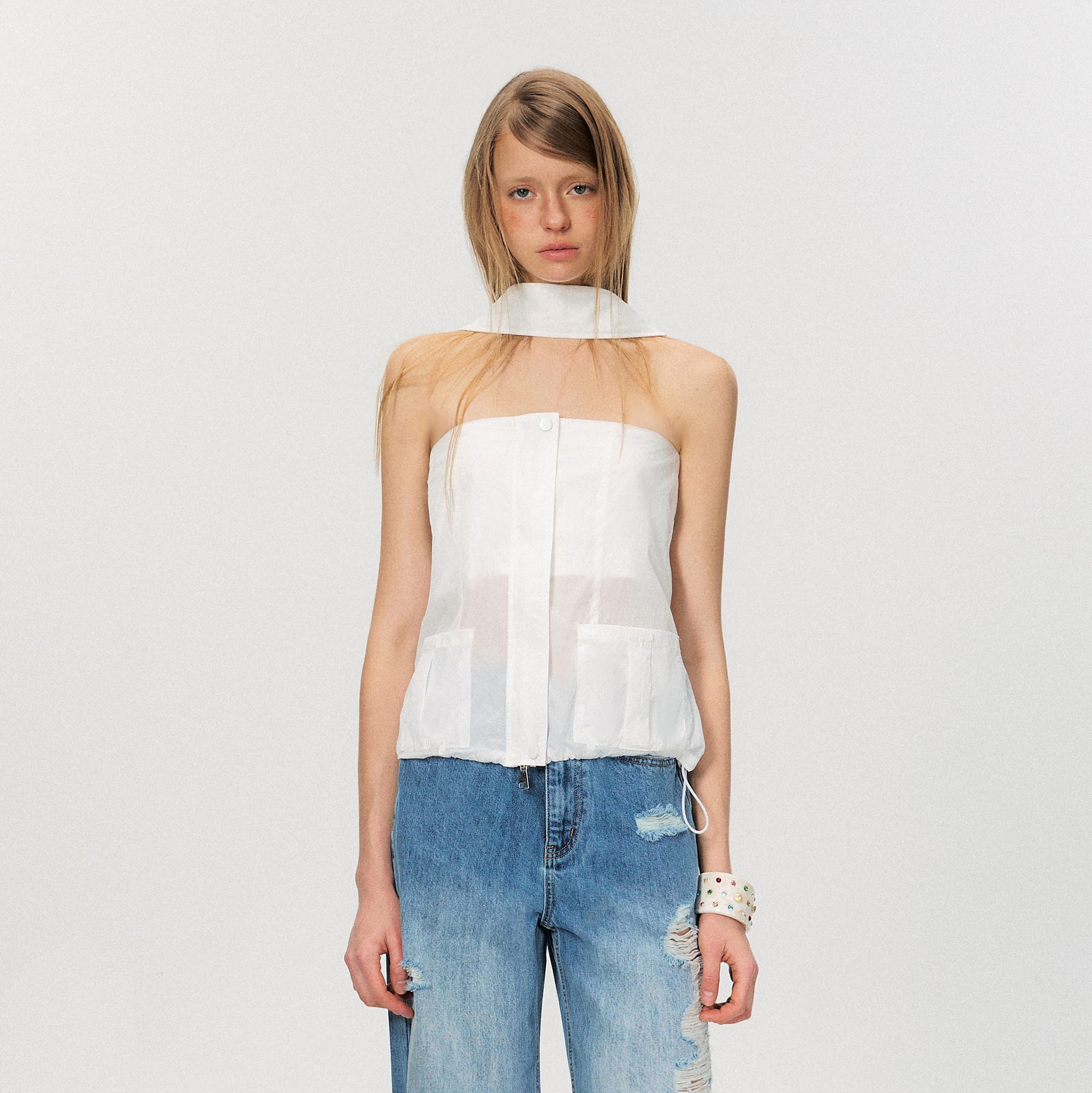 THE NEVERMORE Sheer Strapless Drawstring-Hem Pocket Top