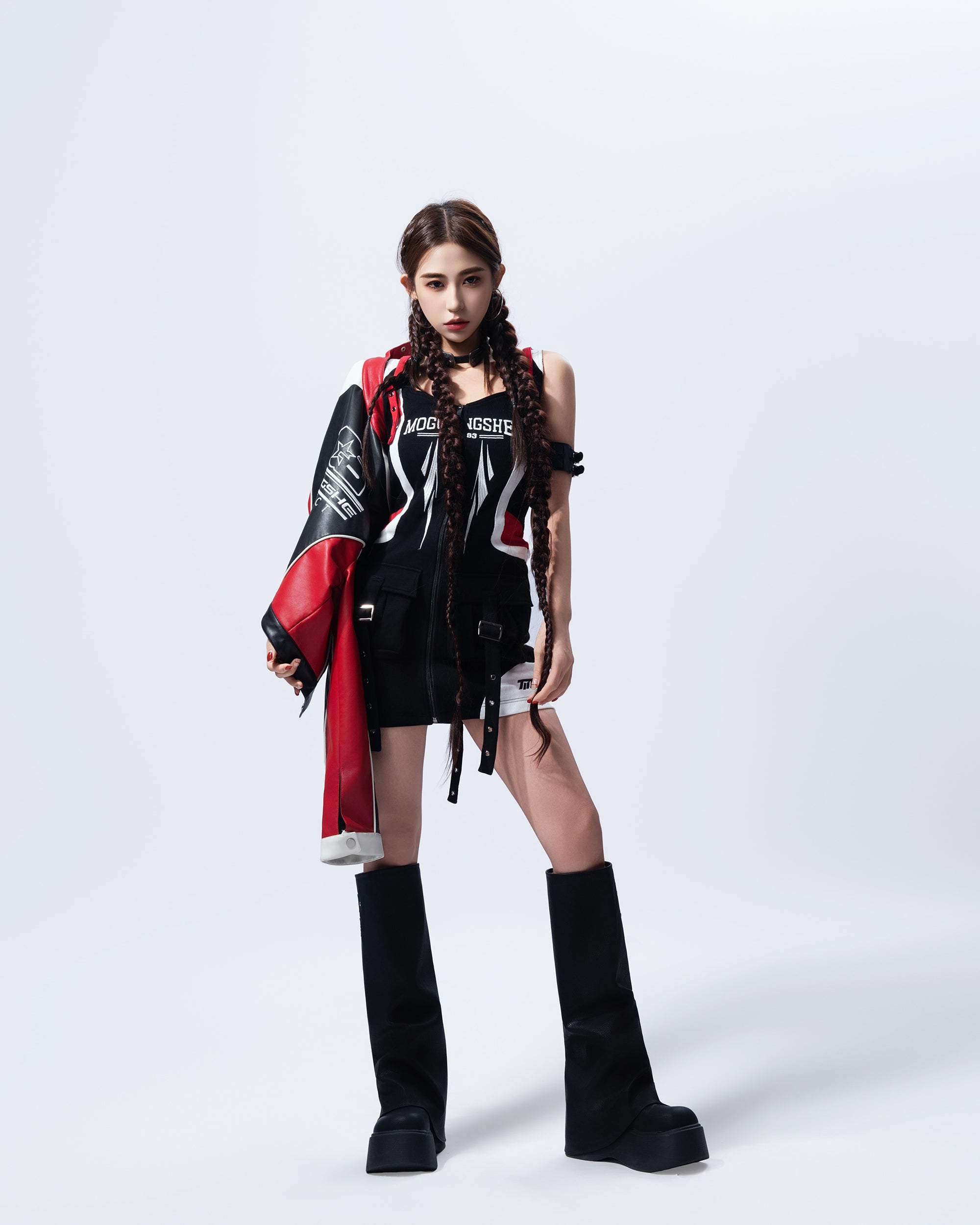 MOGONGSHE Zip-Front Buckle-Strap Racing Mini Dress