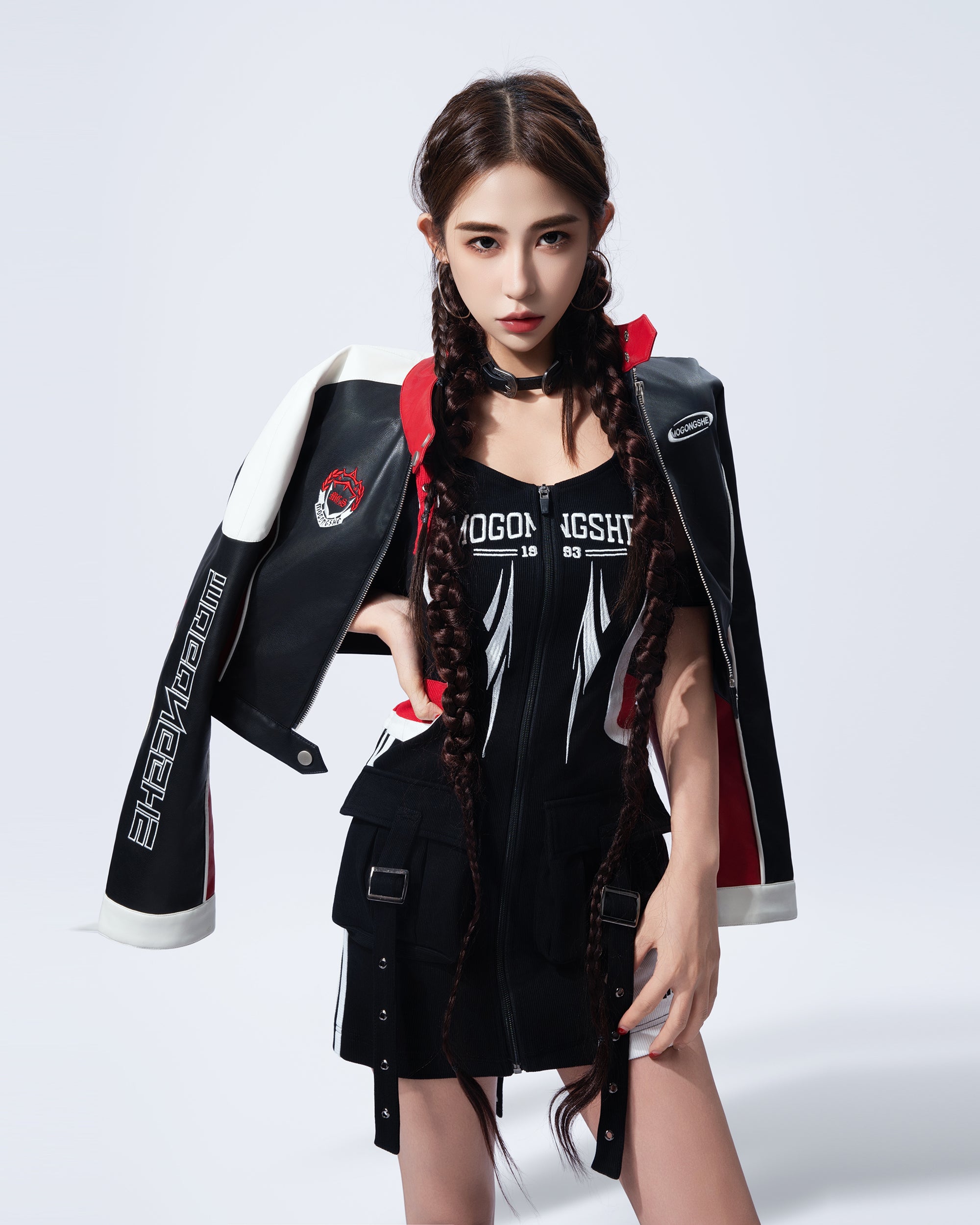 MOGONGSHE Zip-Front Buckle-Strap Racing Mini Dress