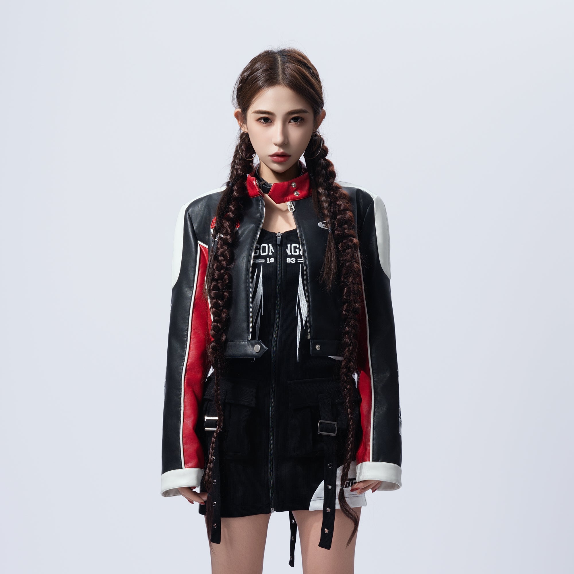 MOGONGSHE Contrast Spliced Faux Leather Moto Jacket