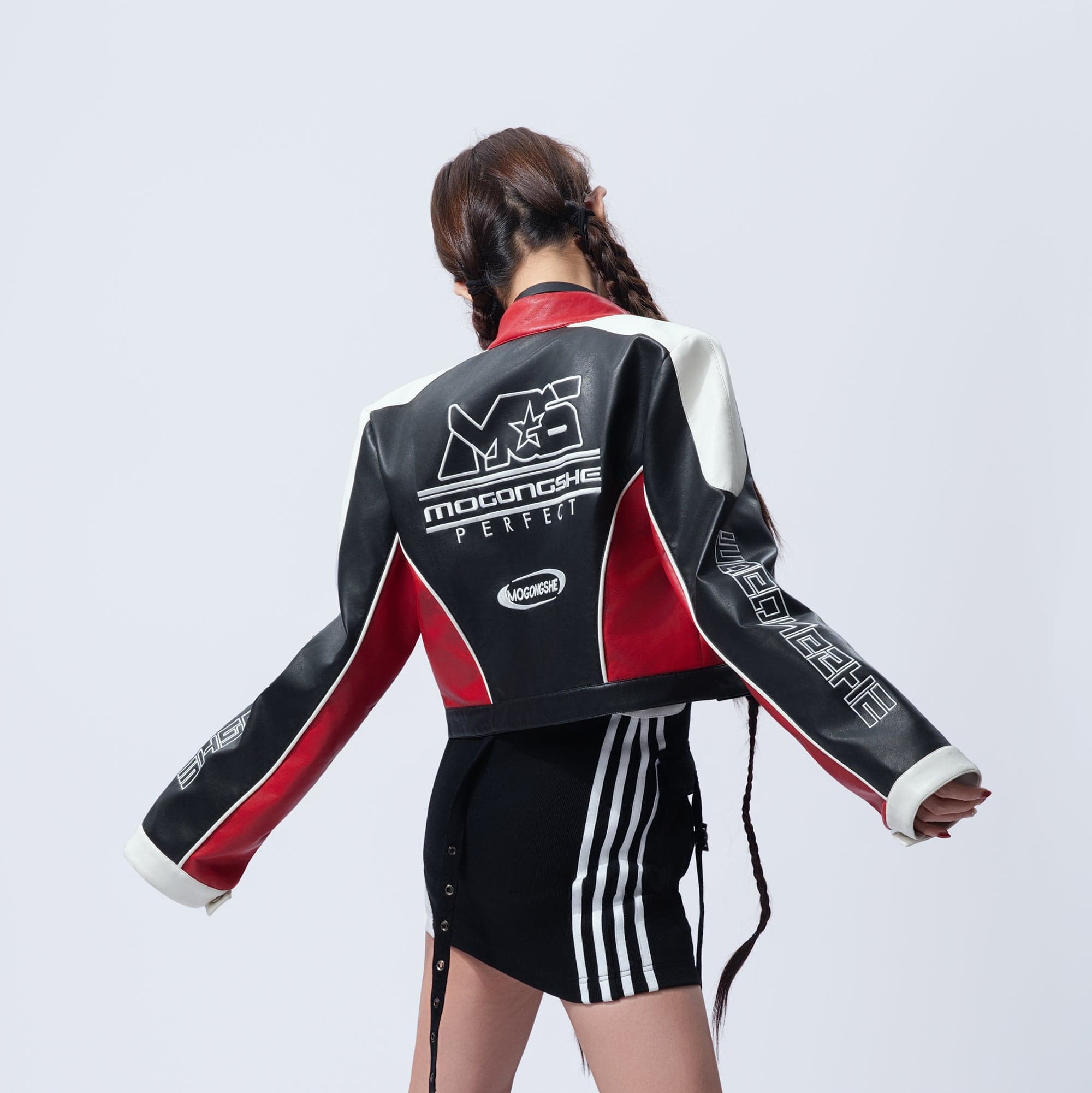 MOGONGSHE Contrast Spliced Faux Leather Moto Jacket