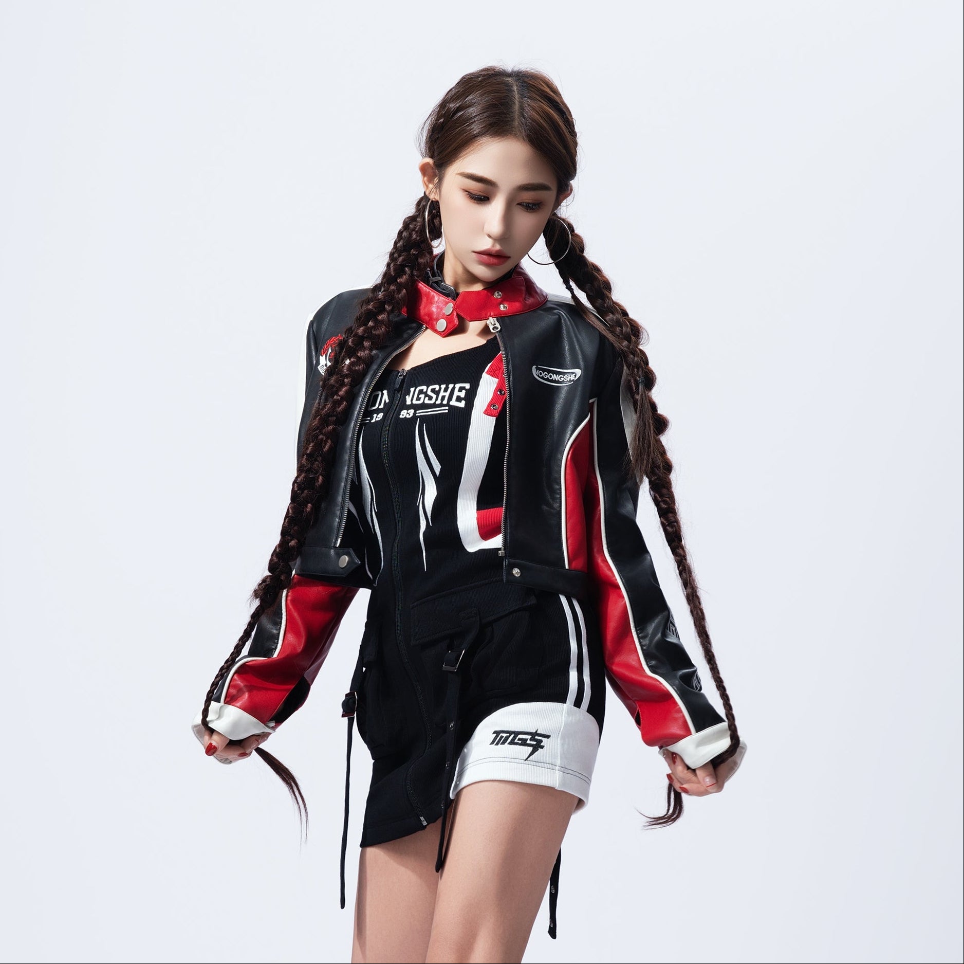 MOGONGSHE Zip-Front Buckle-Strap Racing Mini Dress