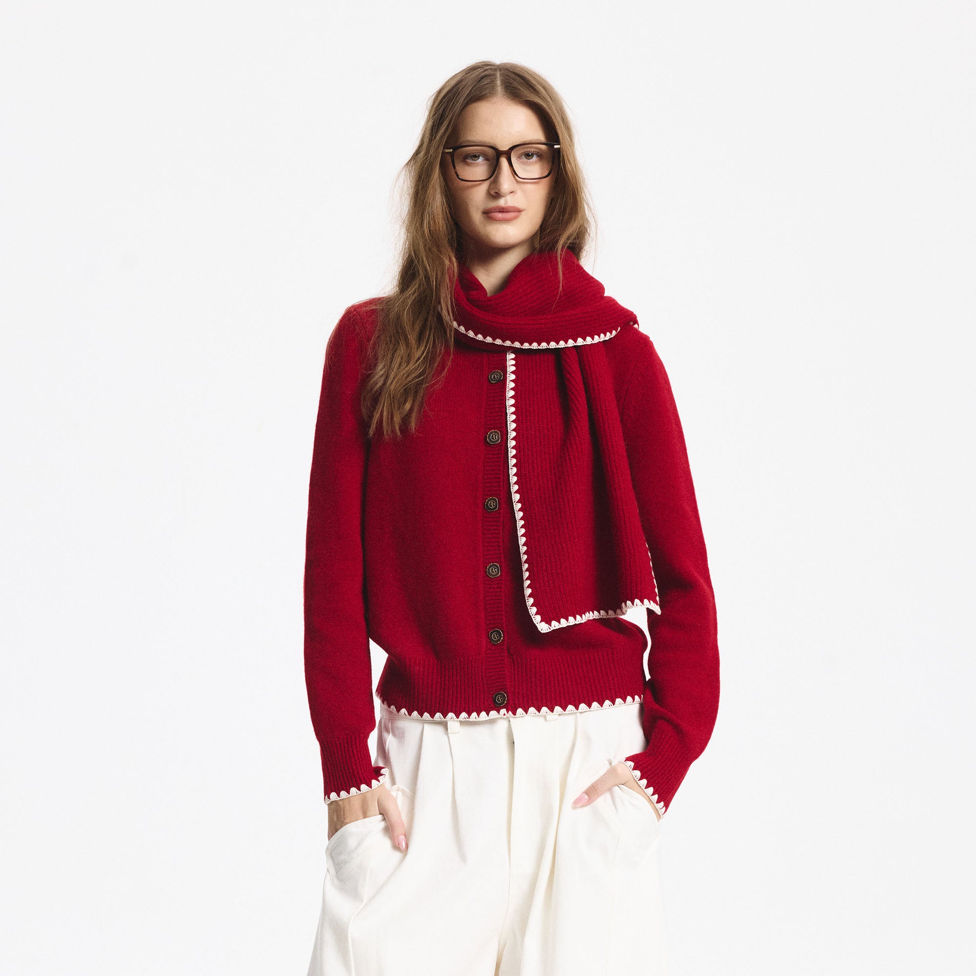 LEONSENSE Contrast-Trim Button Cardigan & Scarf Set