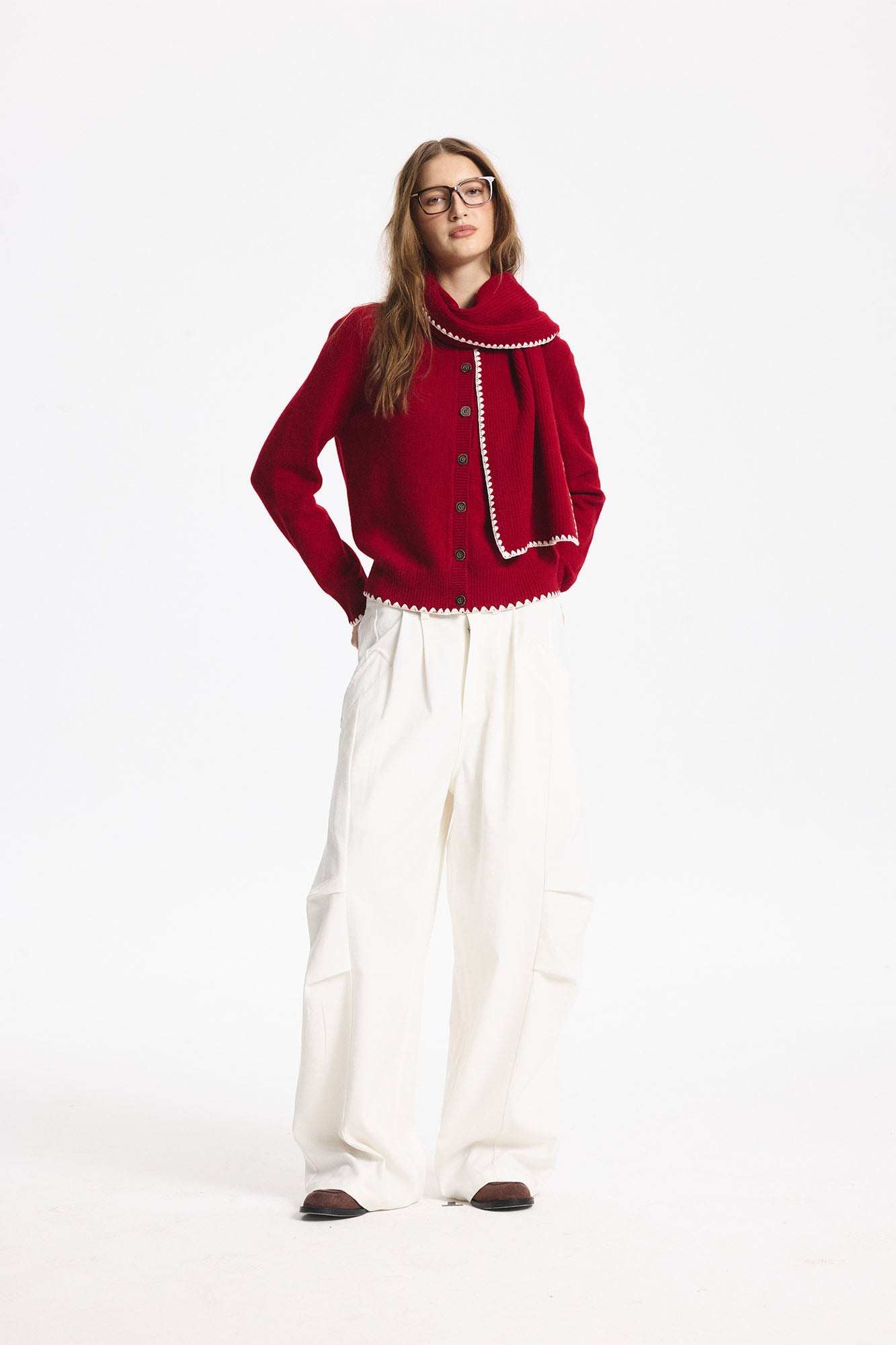 LEONSENSE Contrast-Trim Button Cardigan & Scarf Set