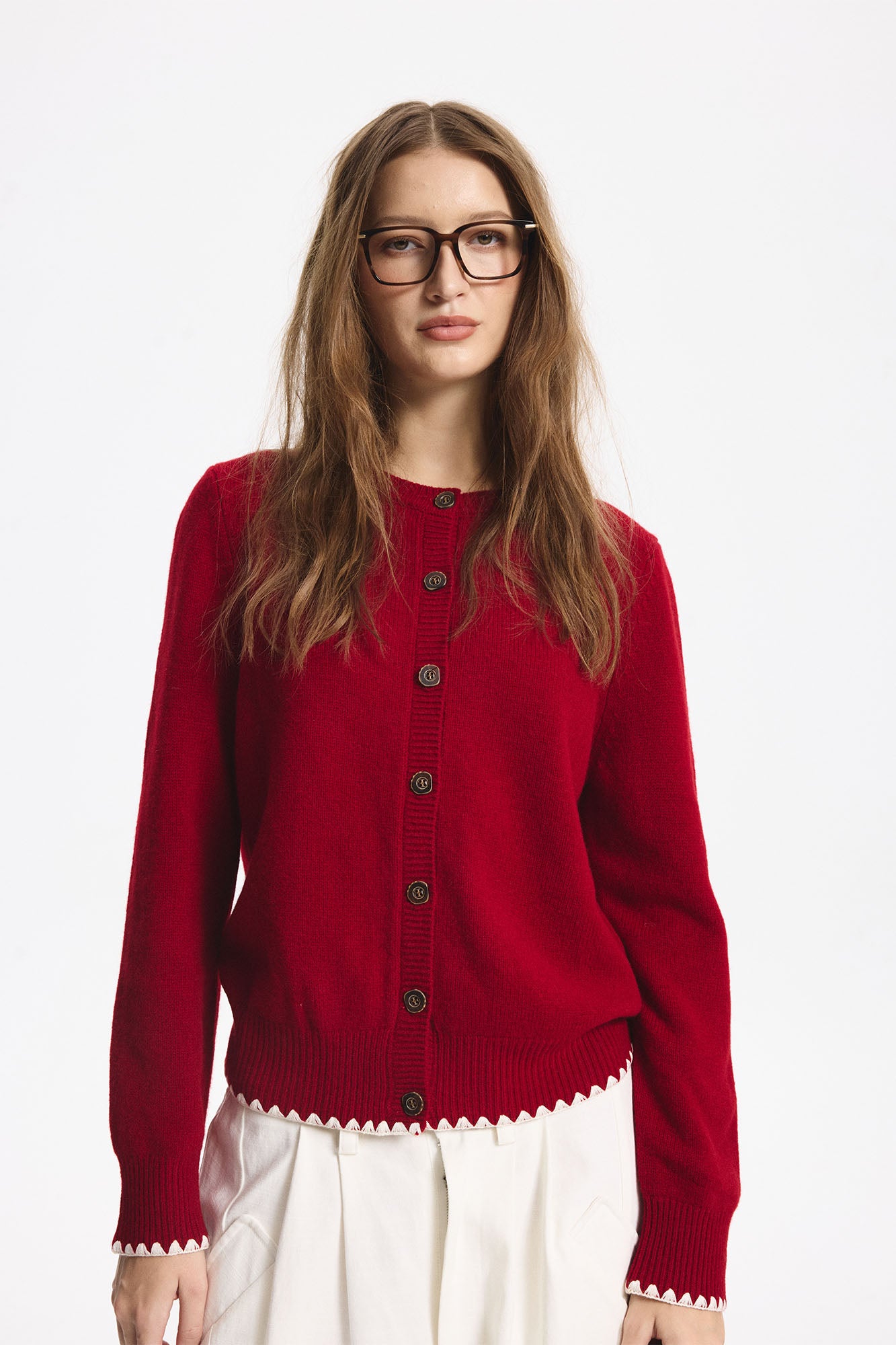 LEONSENSE Contrast-Trim Button Cardigan & Scarf Set