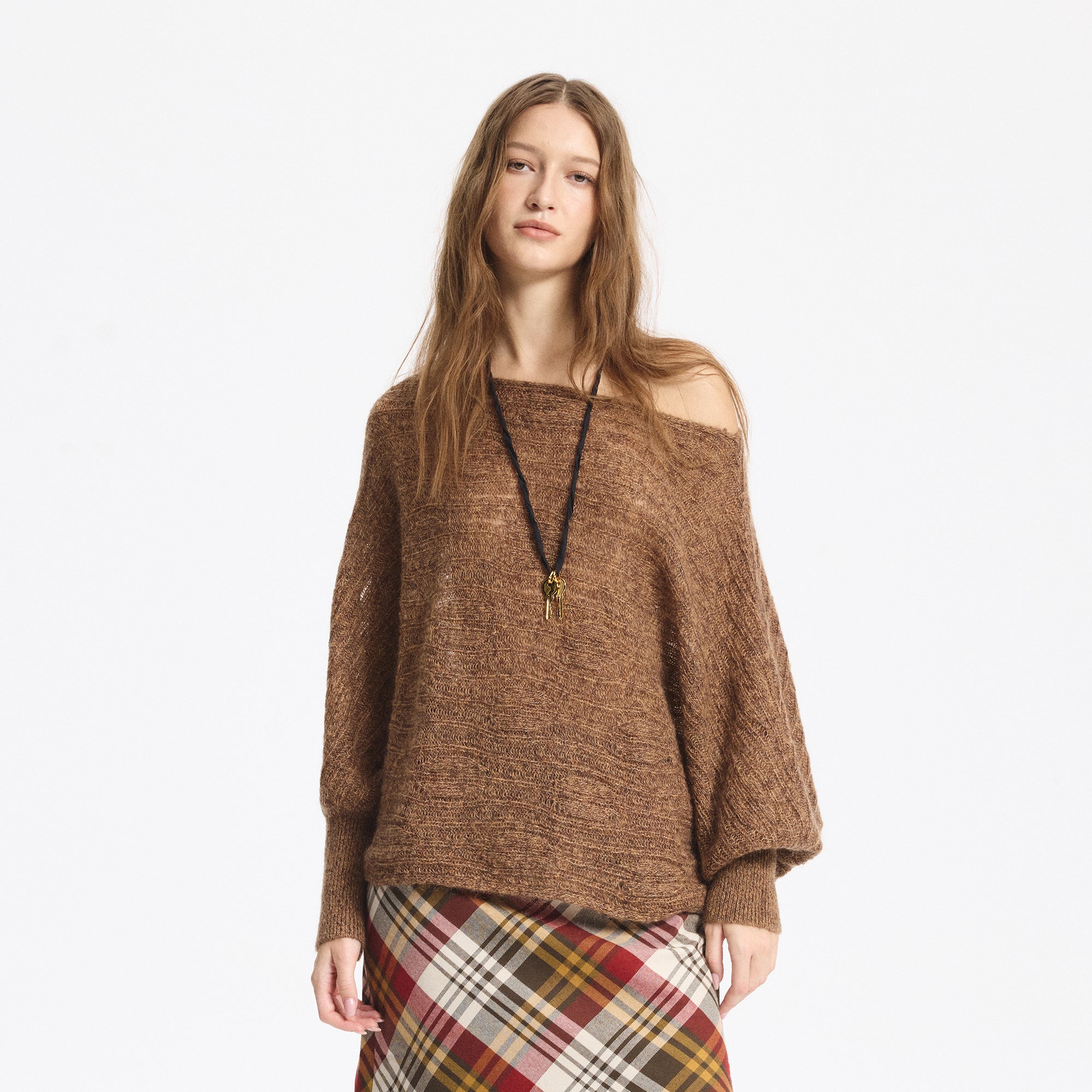 LEONSENSE Sheer One-Shoulder Slouchy Sweater