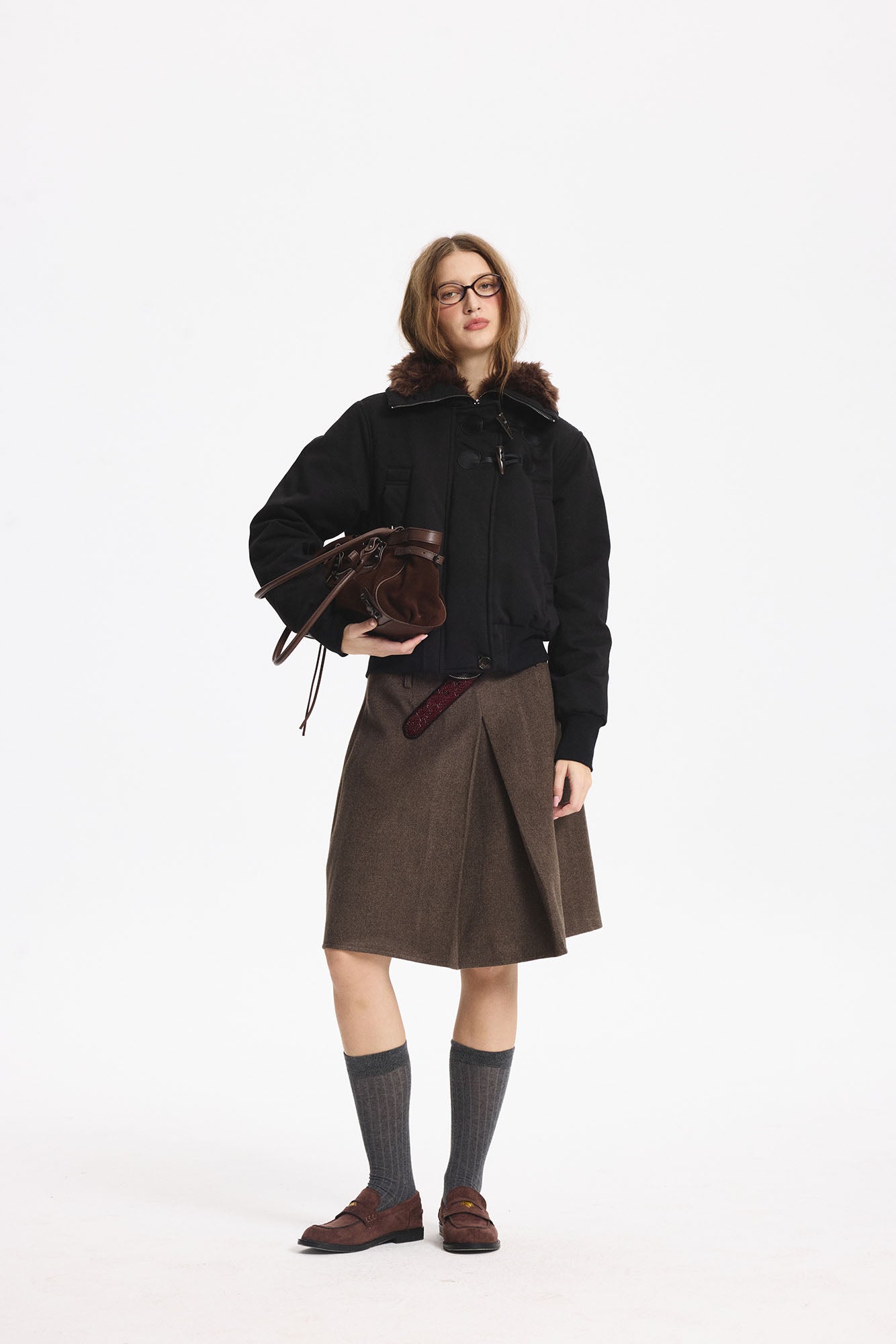 LEONSENSE Faux Fur Collar Toggle Cropped Bomber