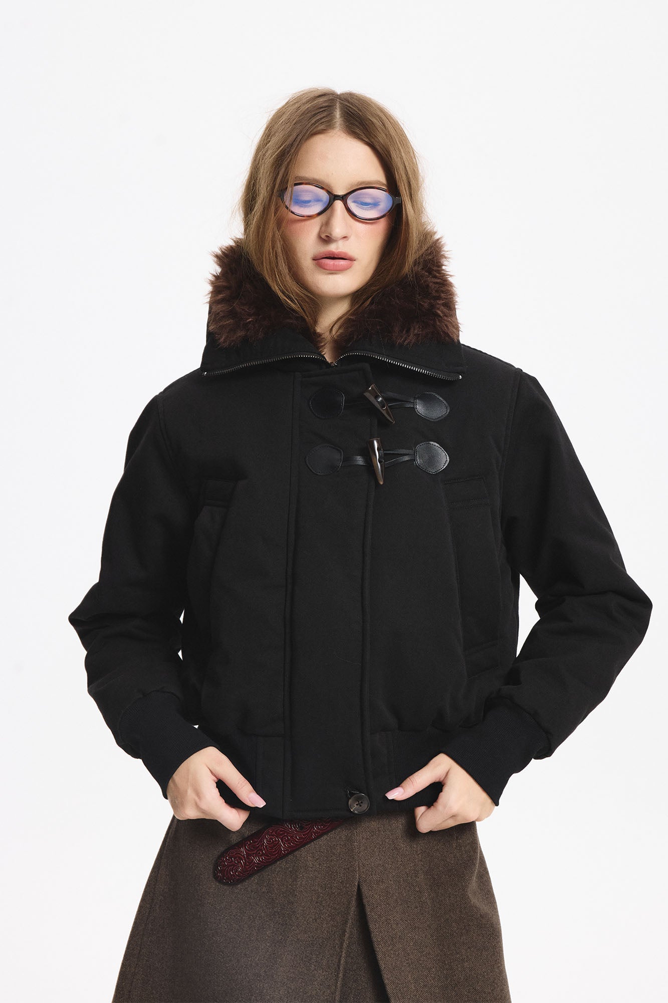 LEONSENSE Faux Fur Collar Toggle Cropped Bomber