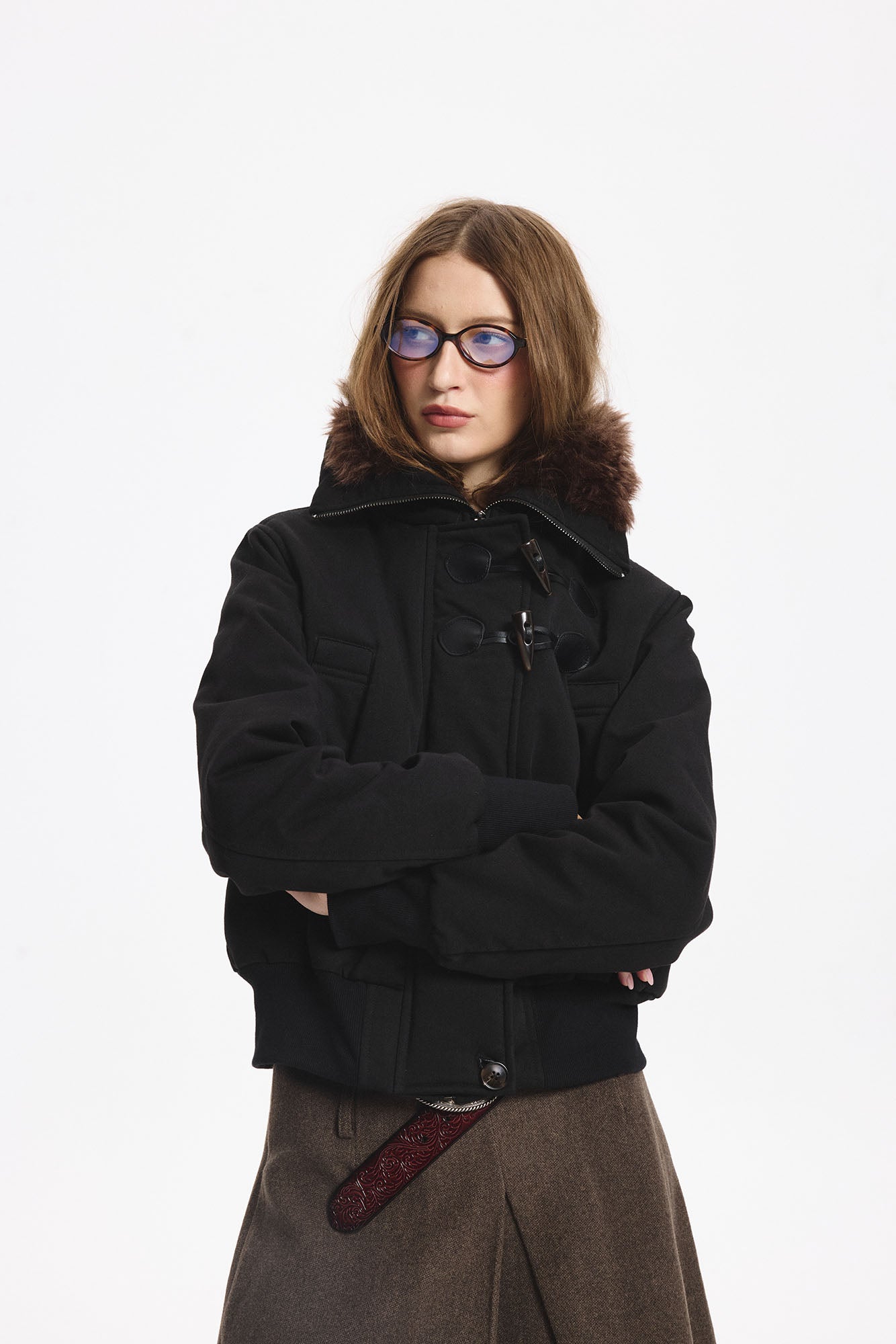 LEONSENSE Faux Fur Collar Toggle Cropped Bomber