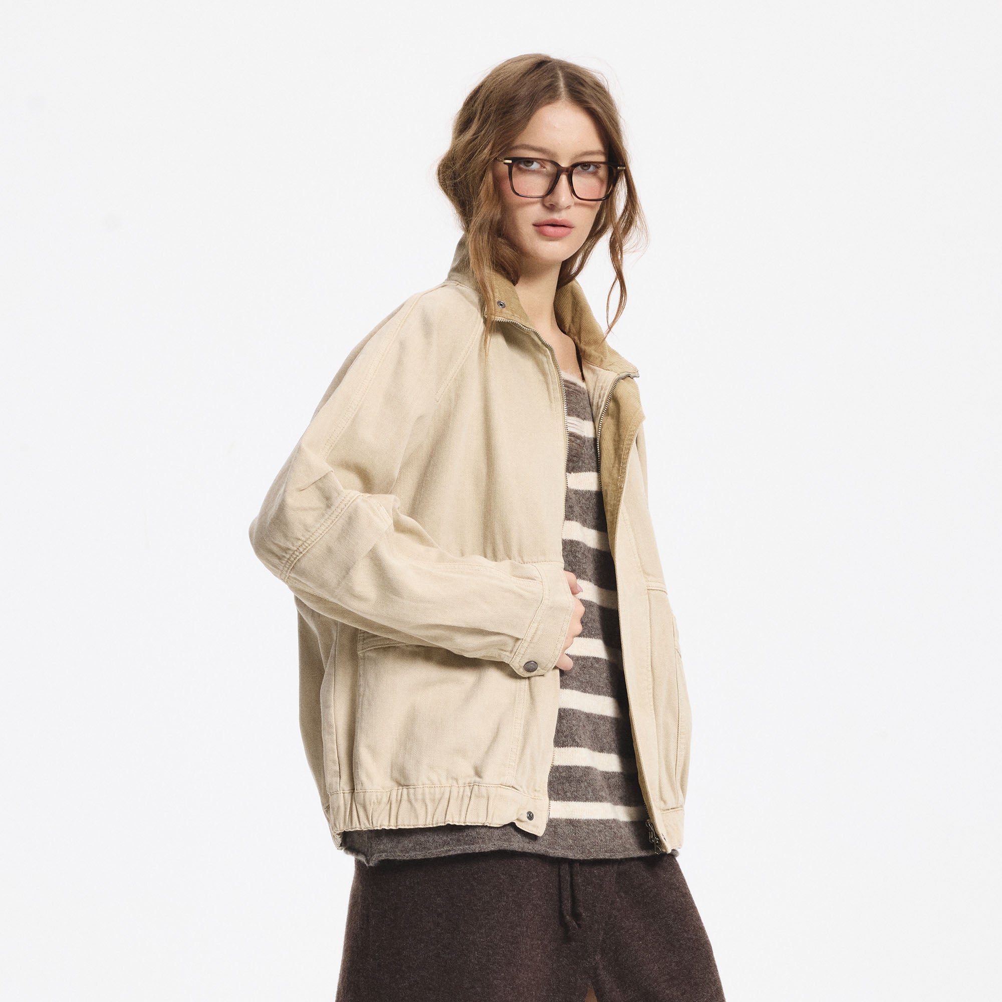 LEONSENSE Utility Raglan Stand-Collar Denim Jacket