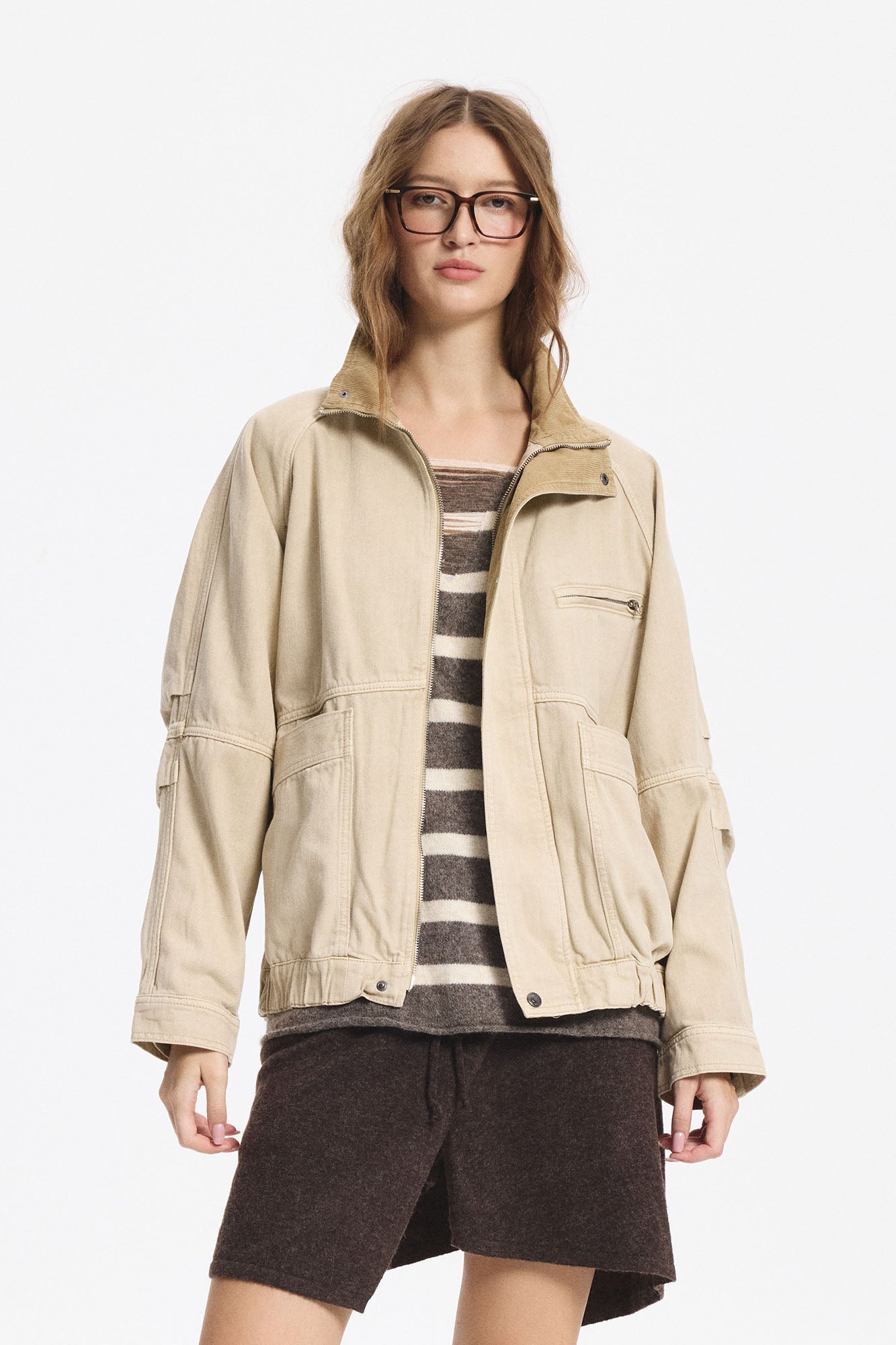 LEONSENSE Utility Raglan Stand-Collar Denim Jacket