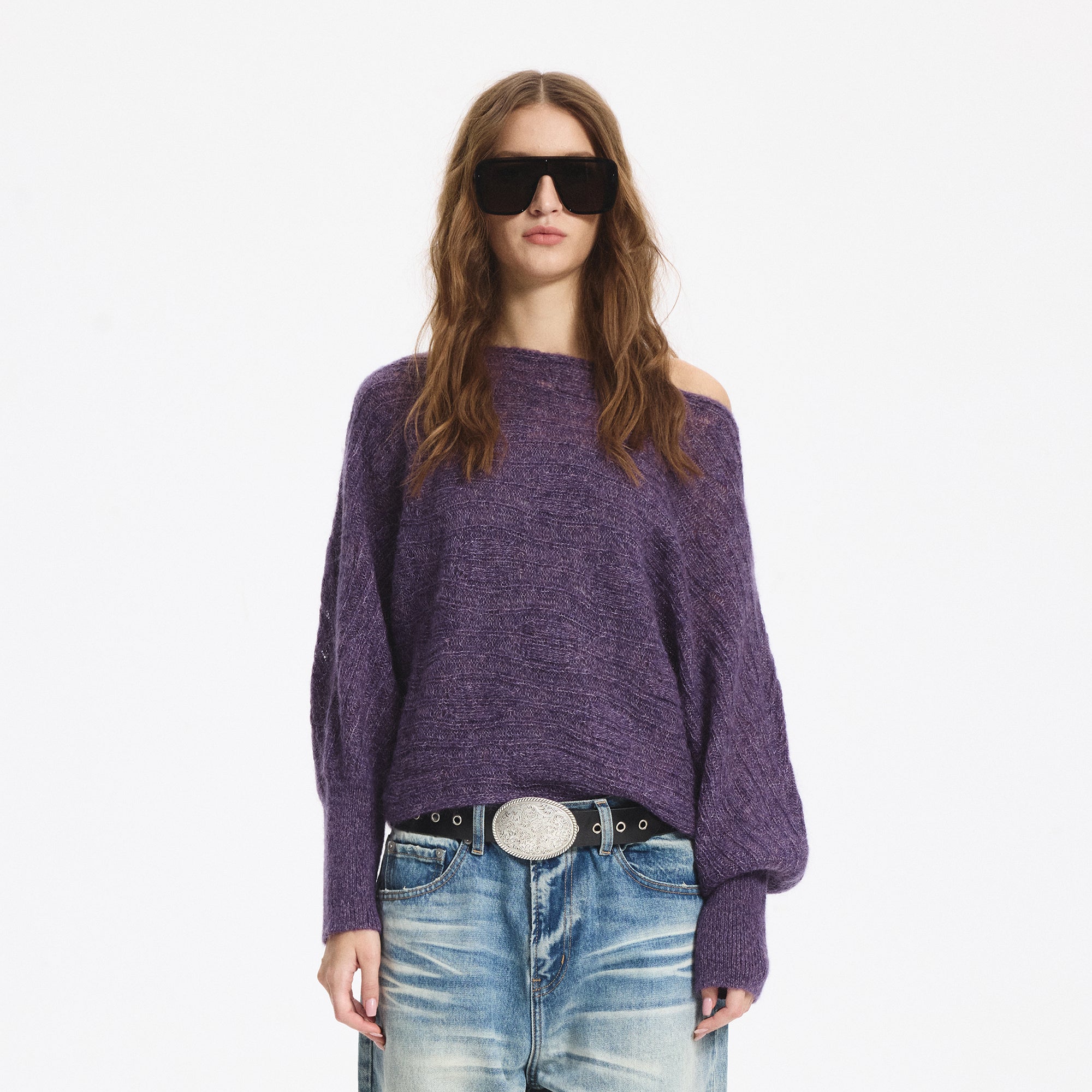 LEONSENSE Sheer One-Shoulder Slouchy Sweater