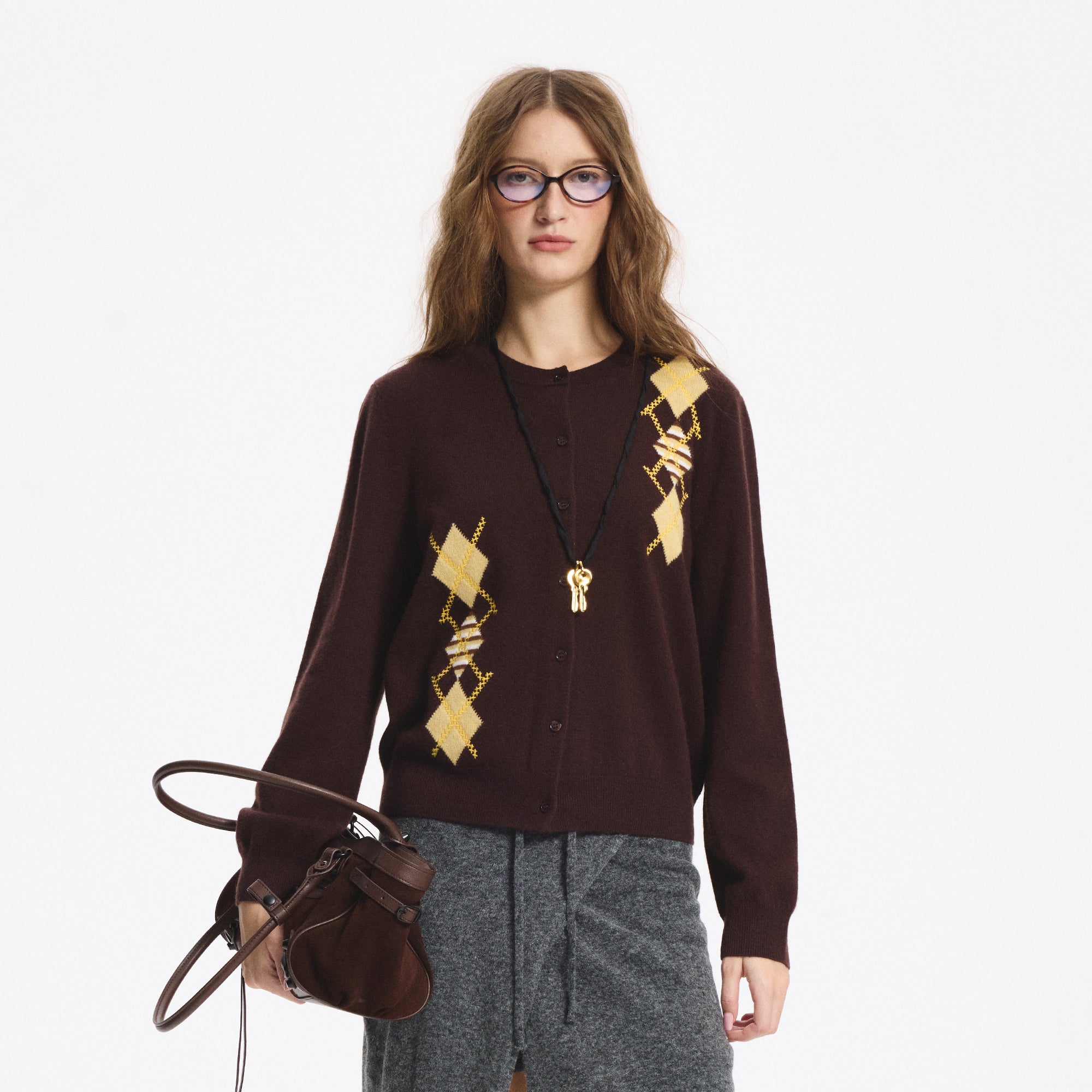 LEONSENSE Contrast Argyle Jacquard Wool Cardigan