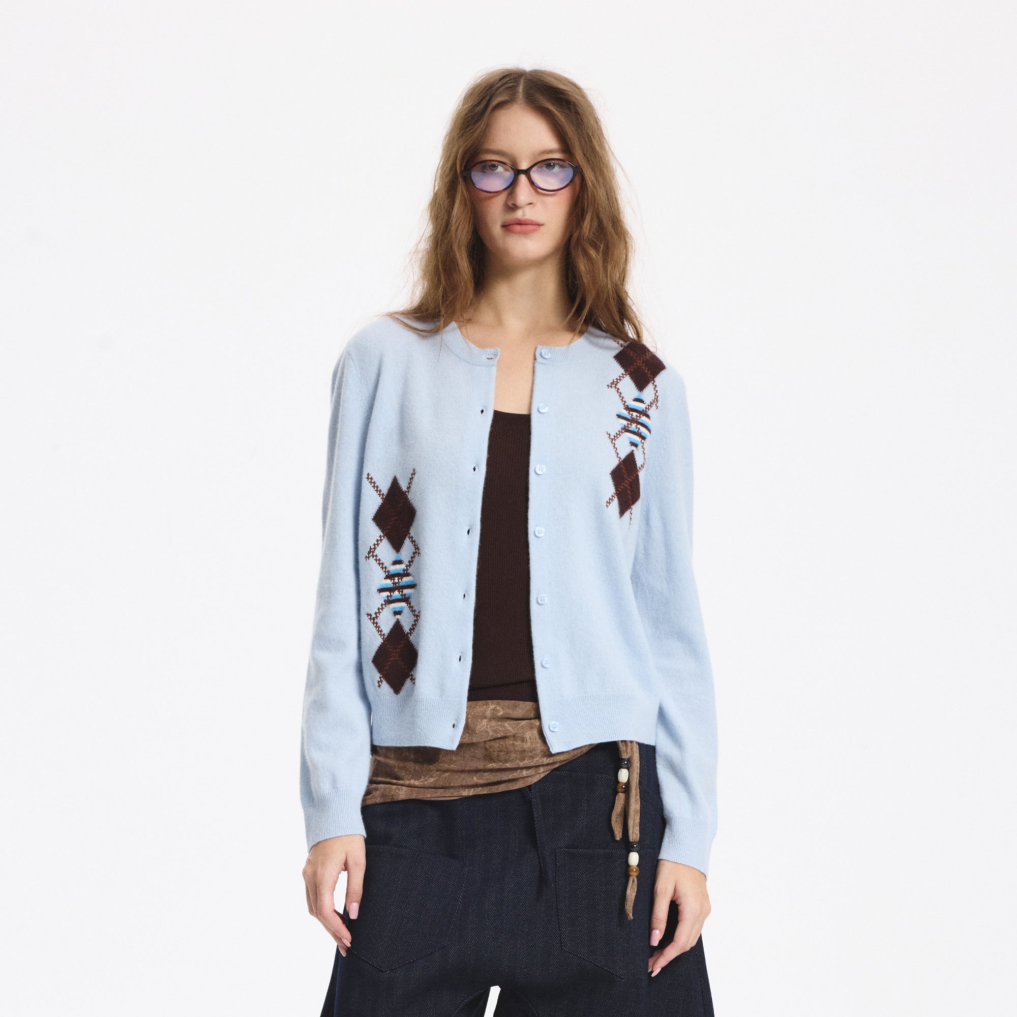 LEONSENSE Contrast Argyle Jacquard Wool Cardigan