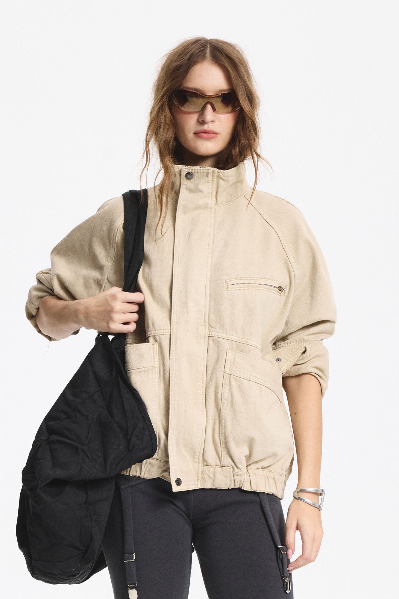 LEONSENSE Utility Raglan Stand-Collar Denim Jacket