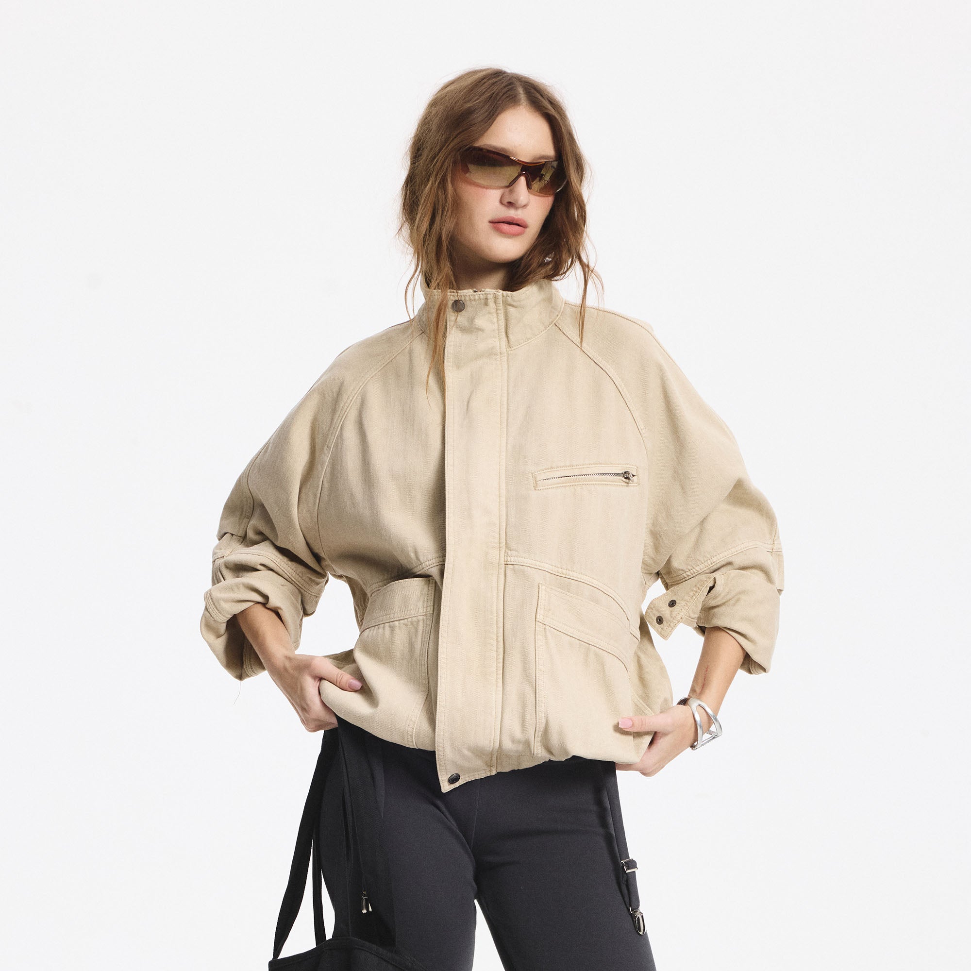 LEONSENSE Utility Raglan Stand-Collar Denim Jacket