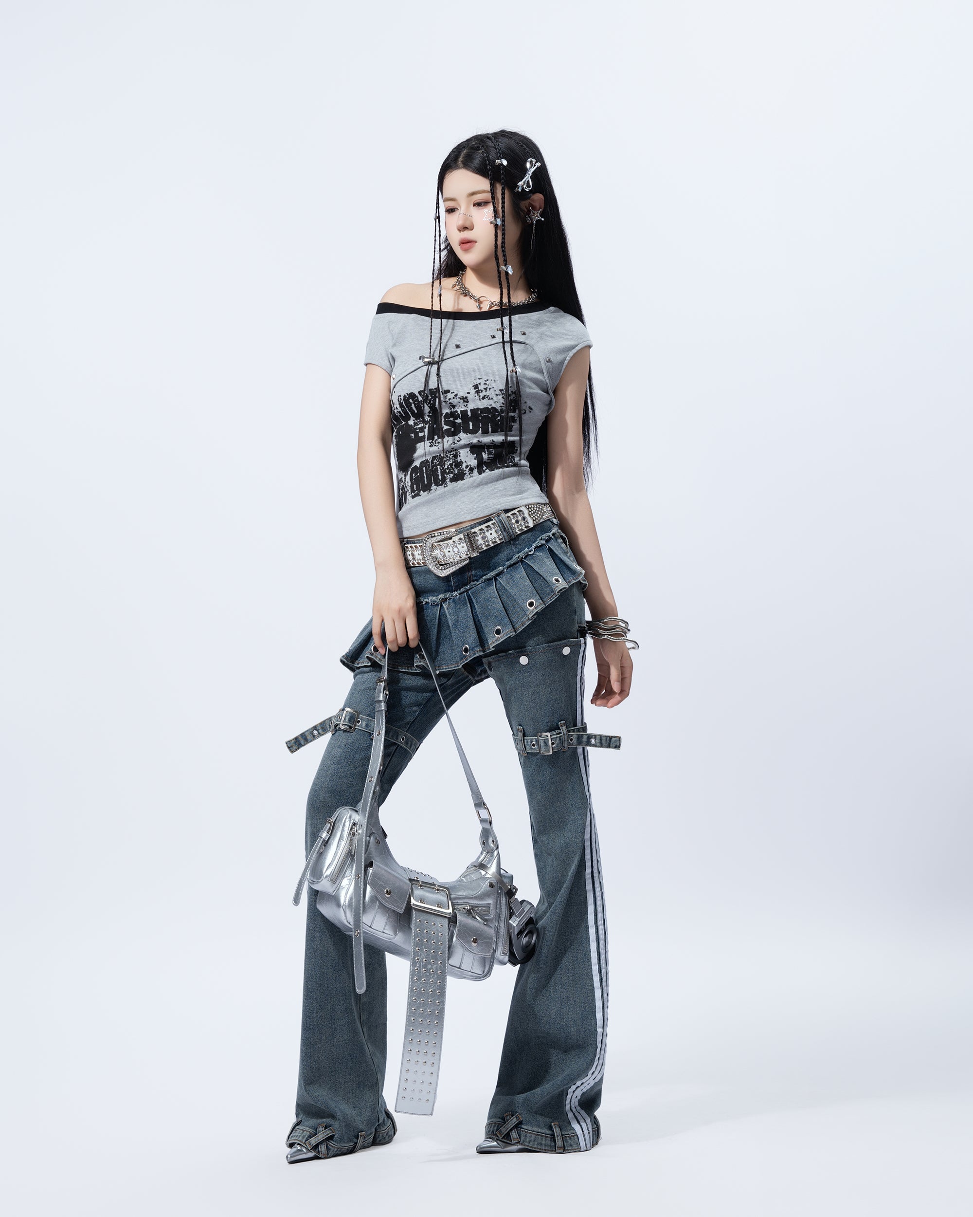 MOGONGSHE Washed Skirt-Layer Detachable Flared Jeans