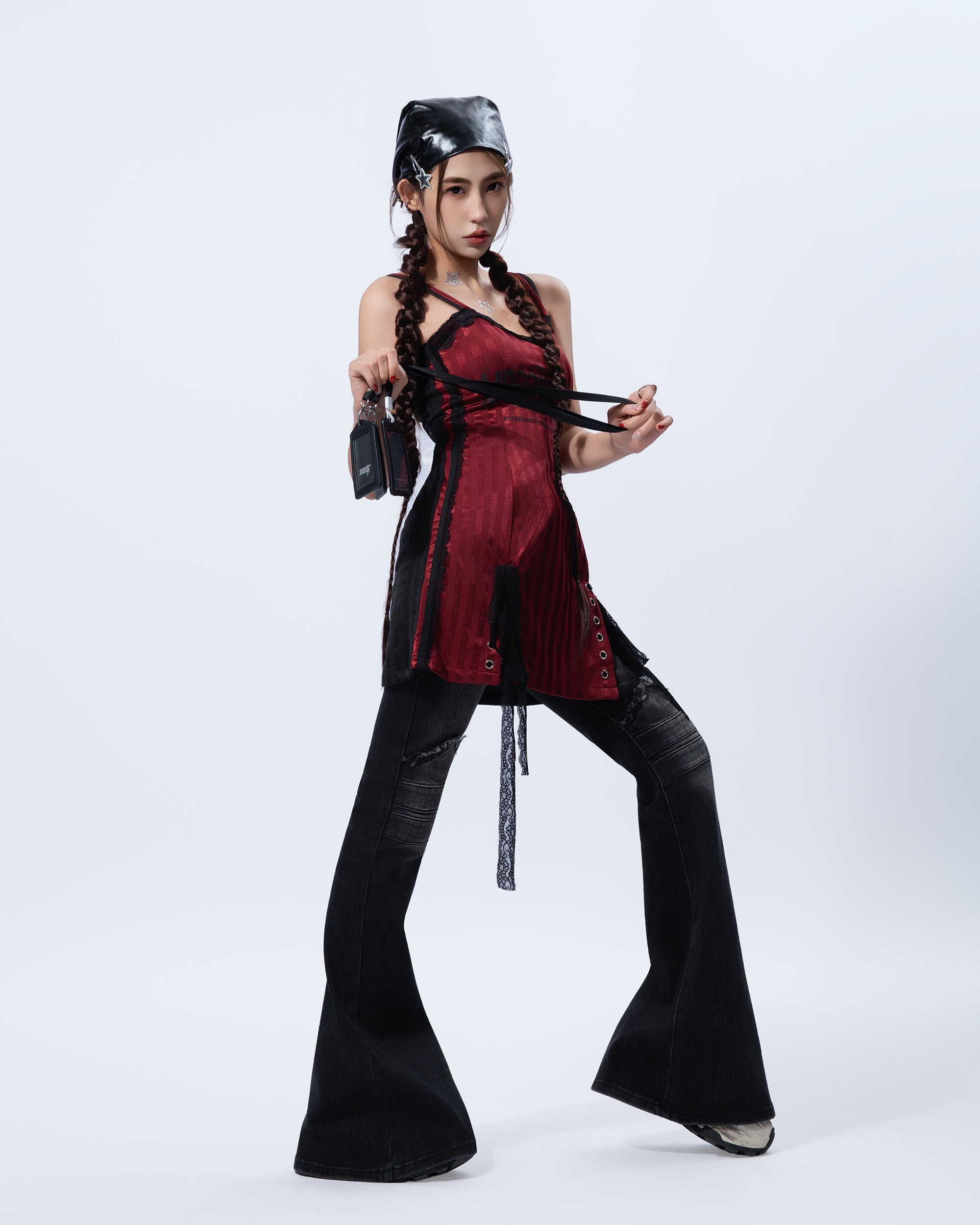 MOGONGSHE Contrast Spliced Lace-Up Slip Dress