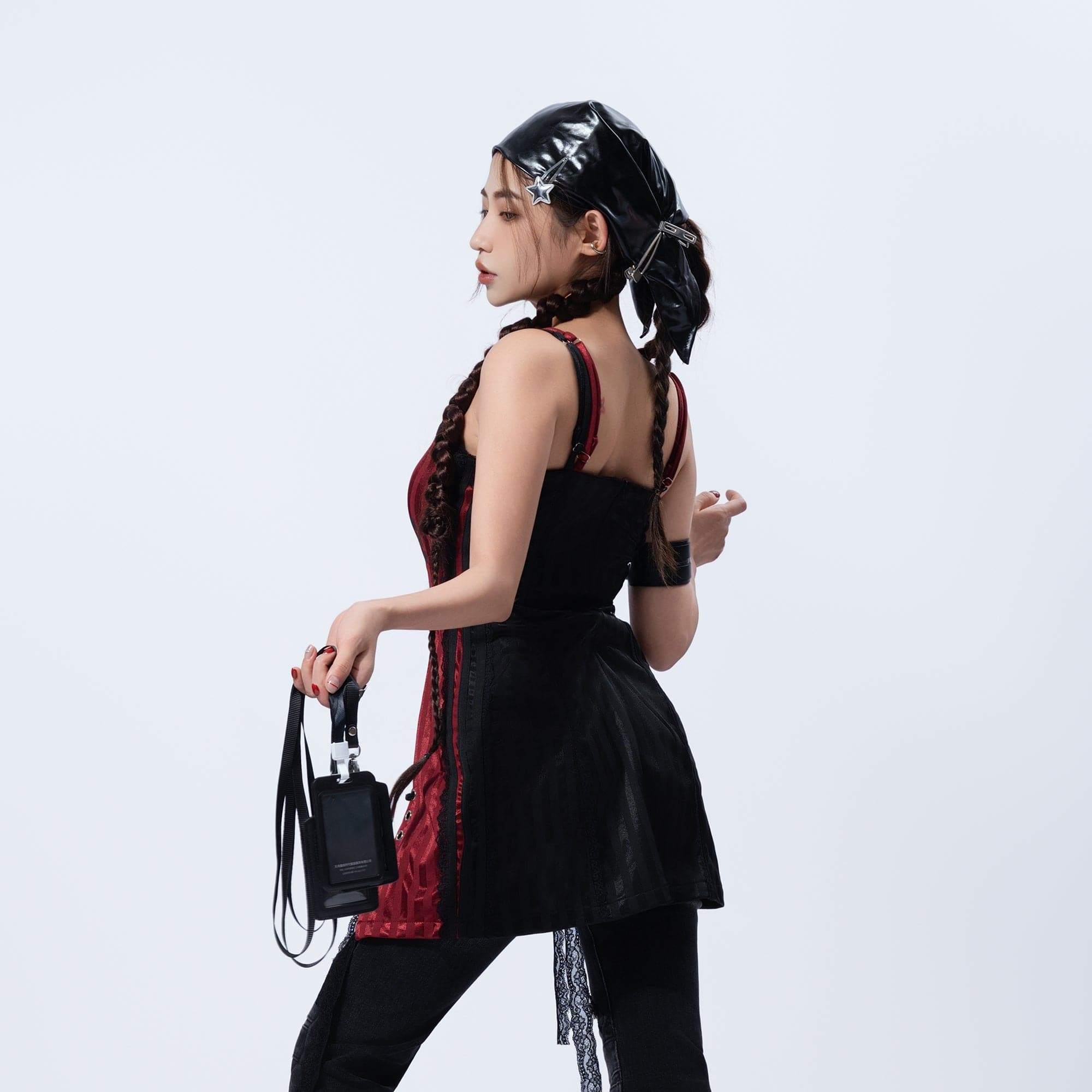 MOGONGSHE Contrast Spliced Lace-Up Slip Dress