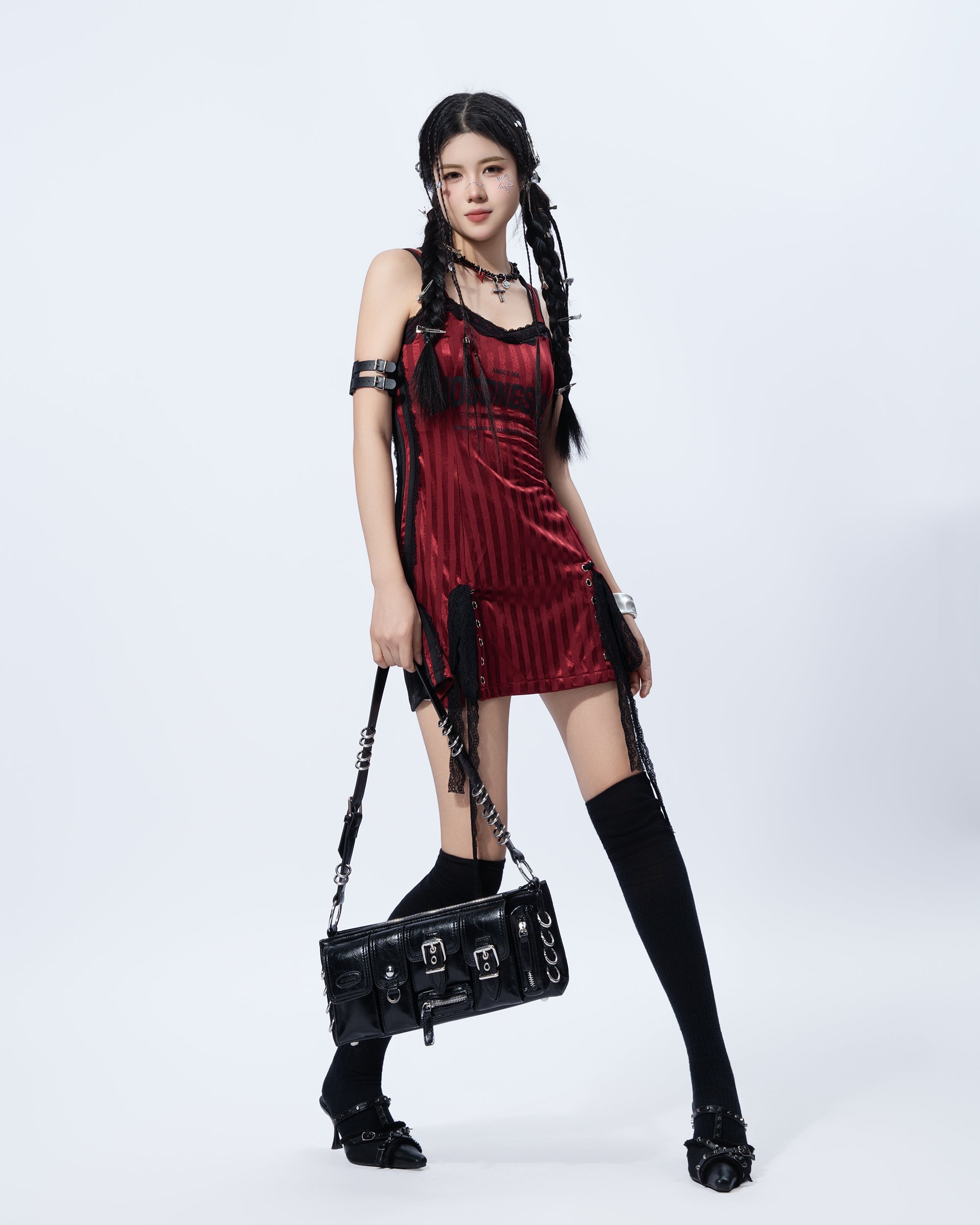 MOGONGSHE Contrast Spliced Lace-Up Slip Dress