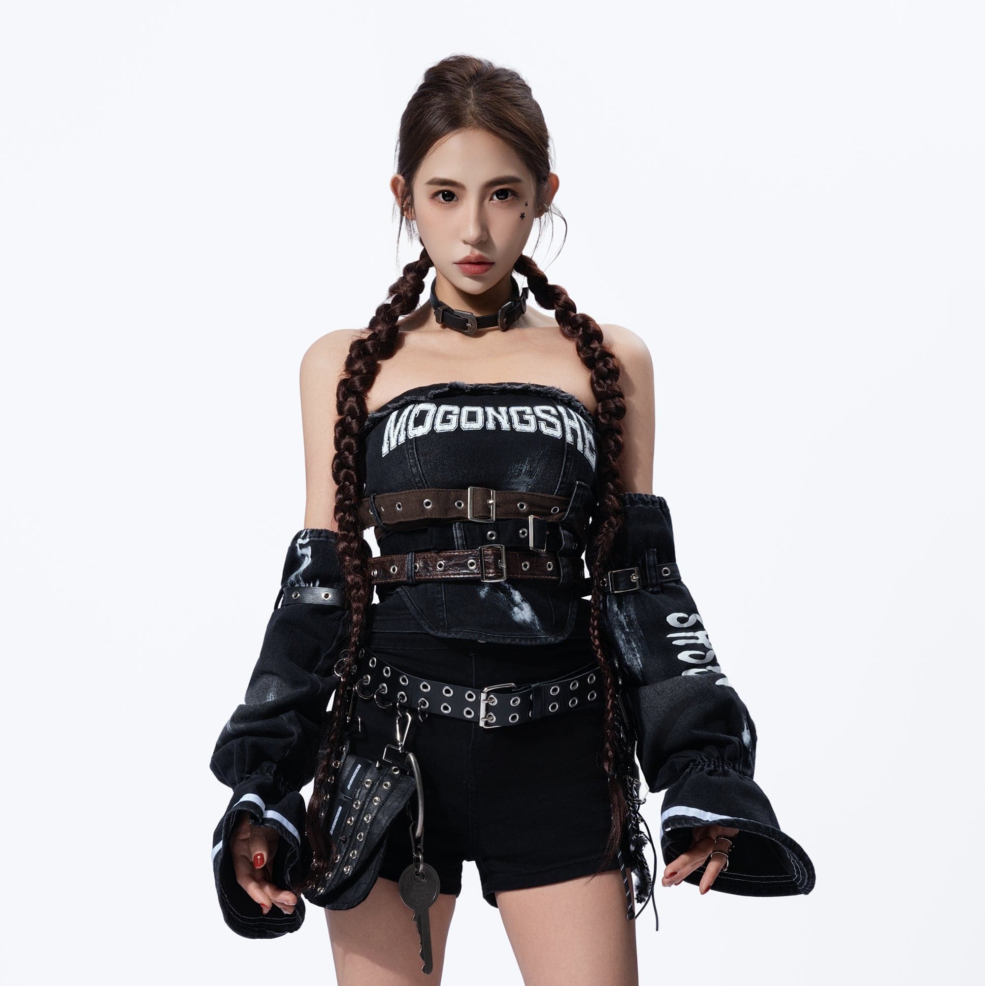 MOGONGSHE Detachable Sleeves Buckled Corset Top