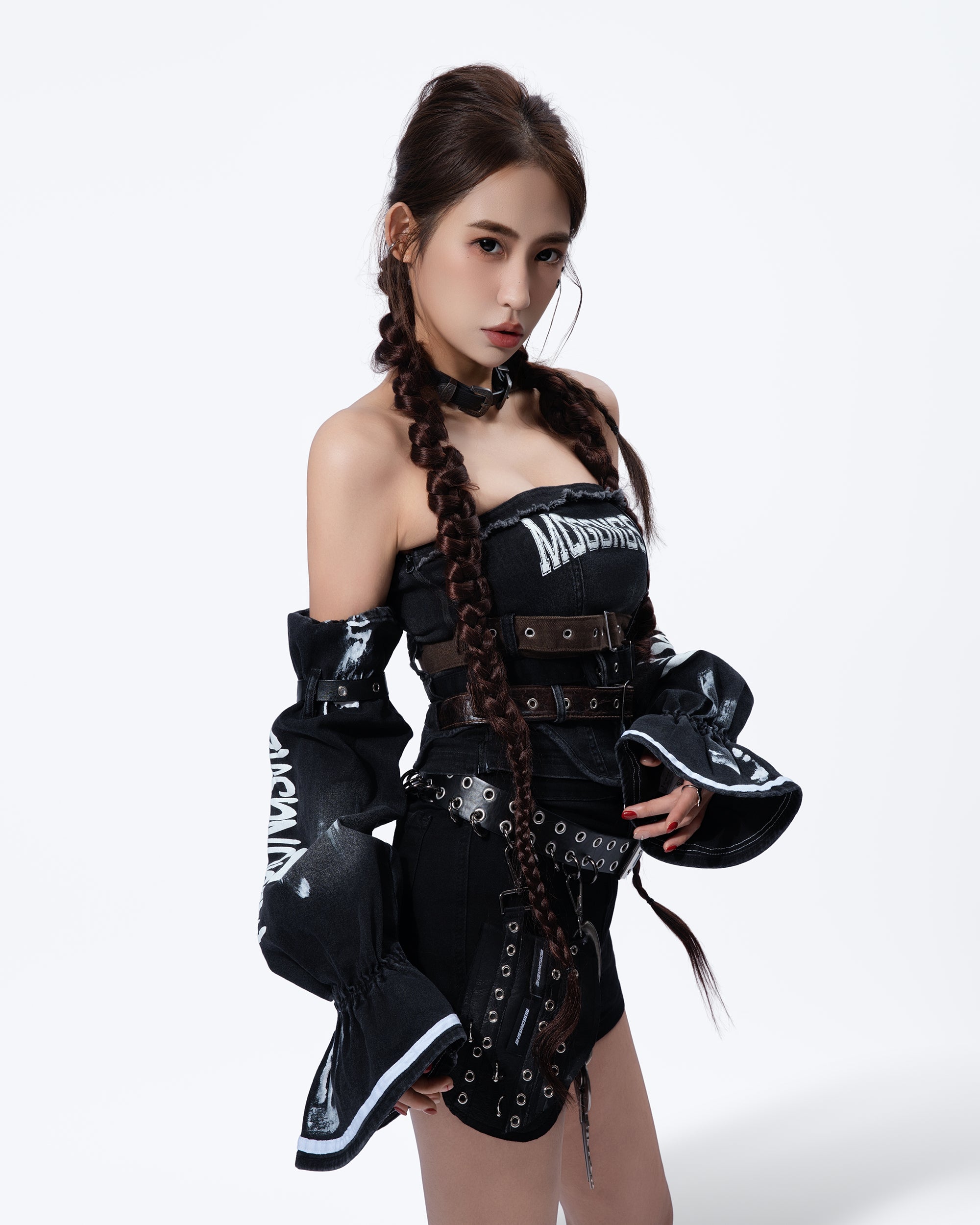 MOGONGSHE Detachable Sleeves Buckled Corset Top