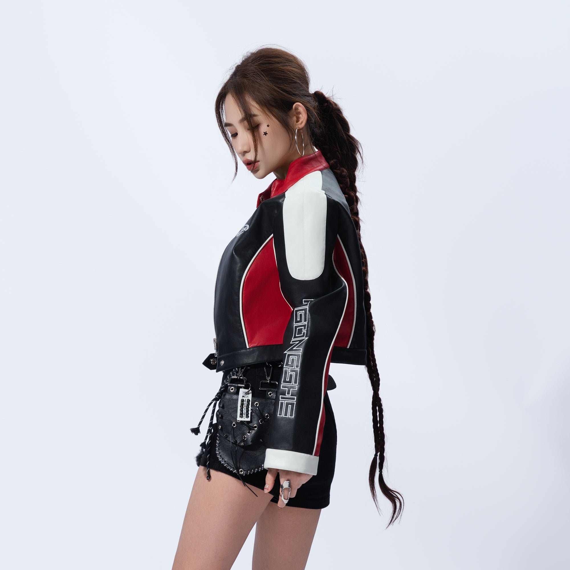 MOGONGSHE Contrast Spliced Faux Leather Moto Jacket