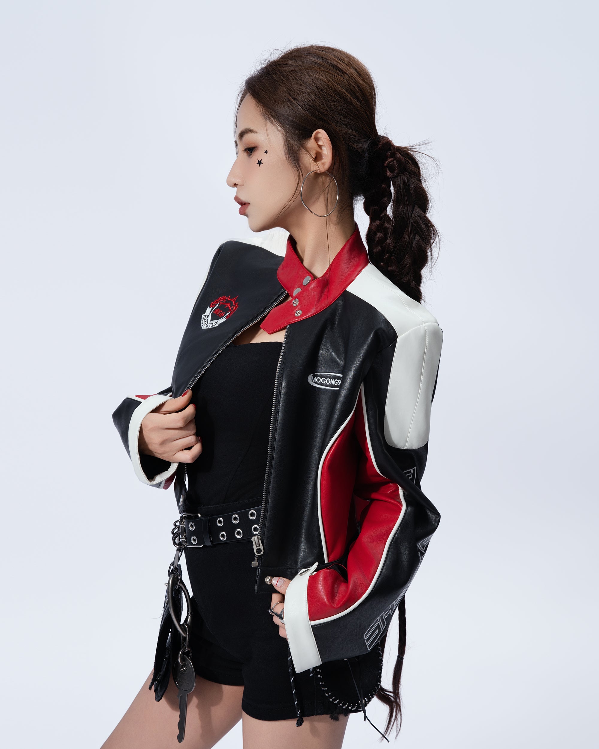 MOGONGSHE Contrast Spliced Faux Leather Moto Jacket