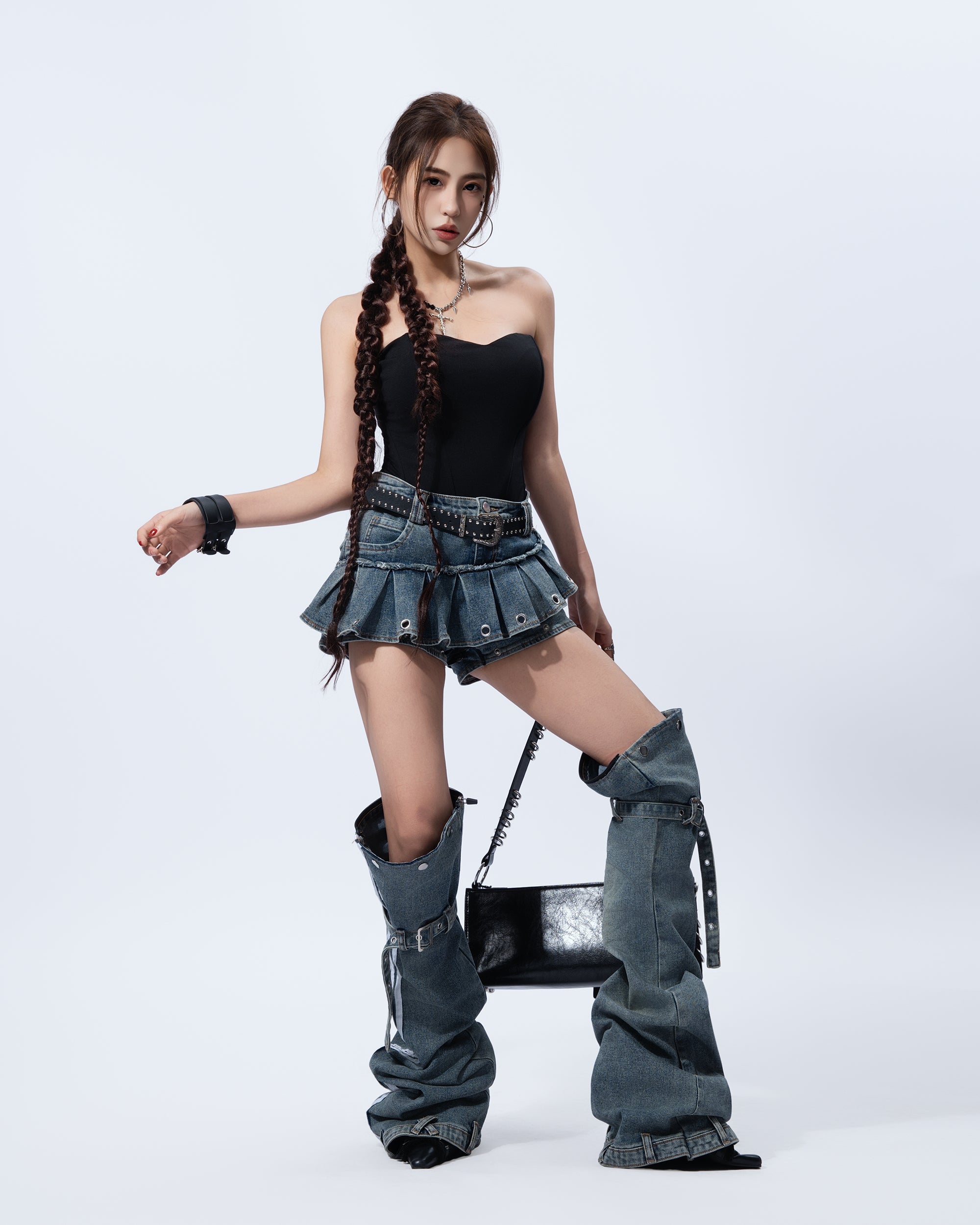 MOGONGSHE Washed Skirt-Layer Detachable Flared Jeans