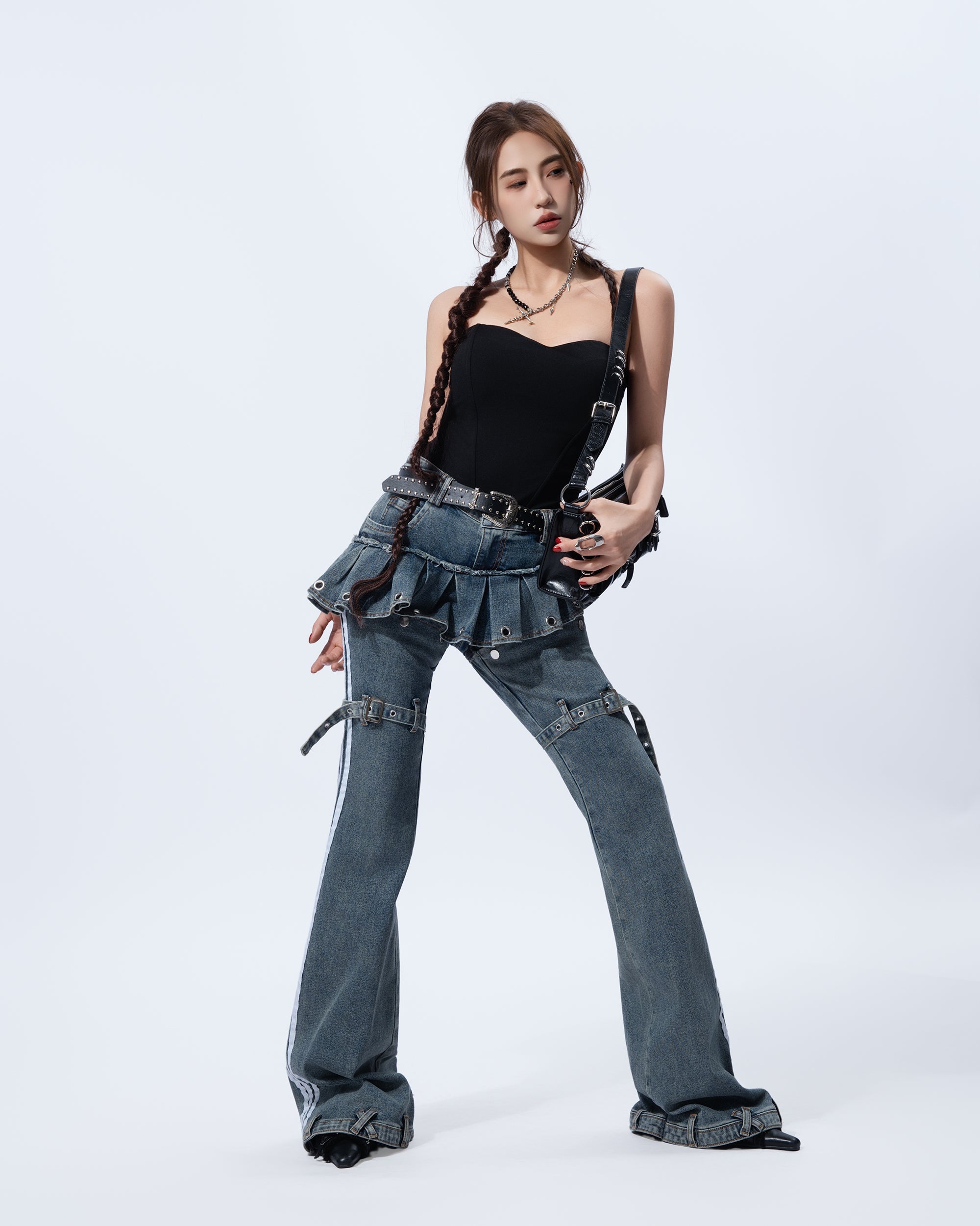 MOGONGSHE Washed Skirt-Layer Detachable Flared Jeans