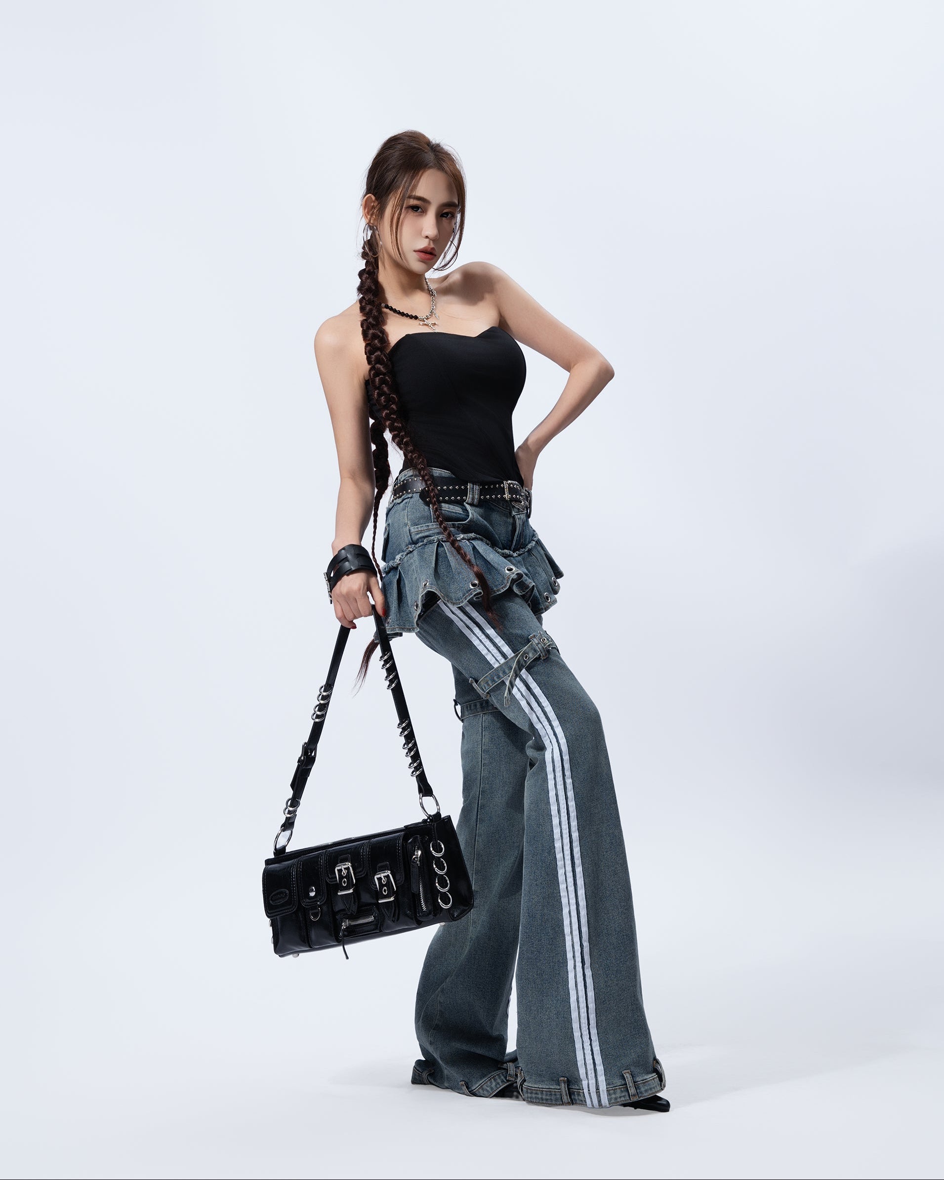 MOGONGSHE Washed Skirt-Layer Detachable Flared Jeans