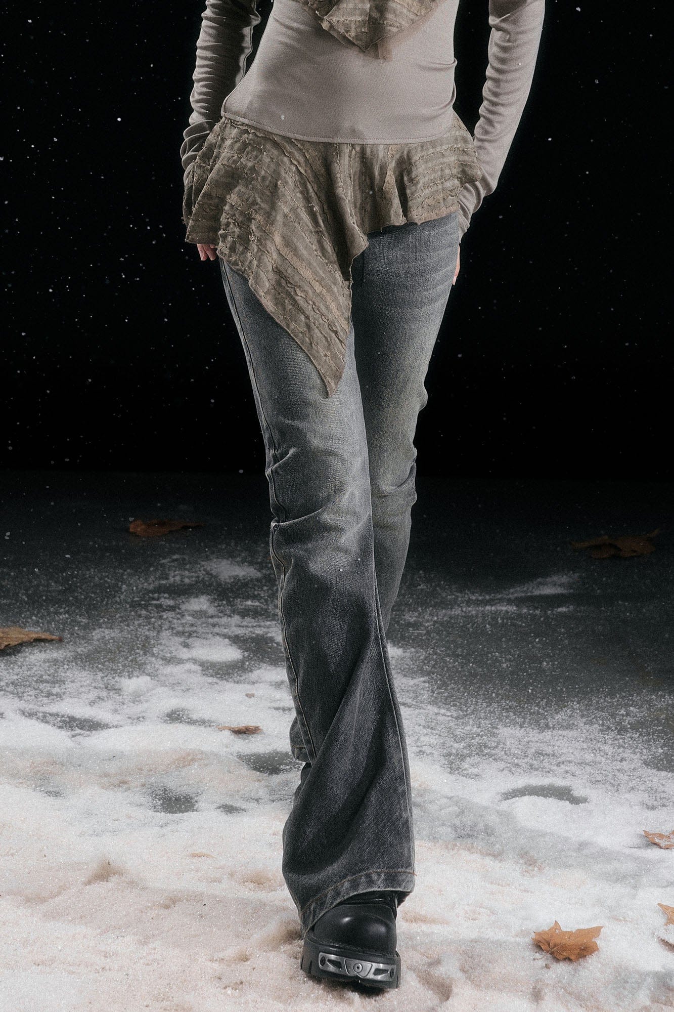 CESTNOUS Faux Leather Corset Waist Washed Jeans