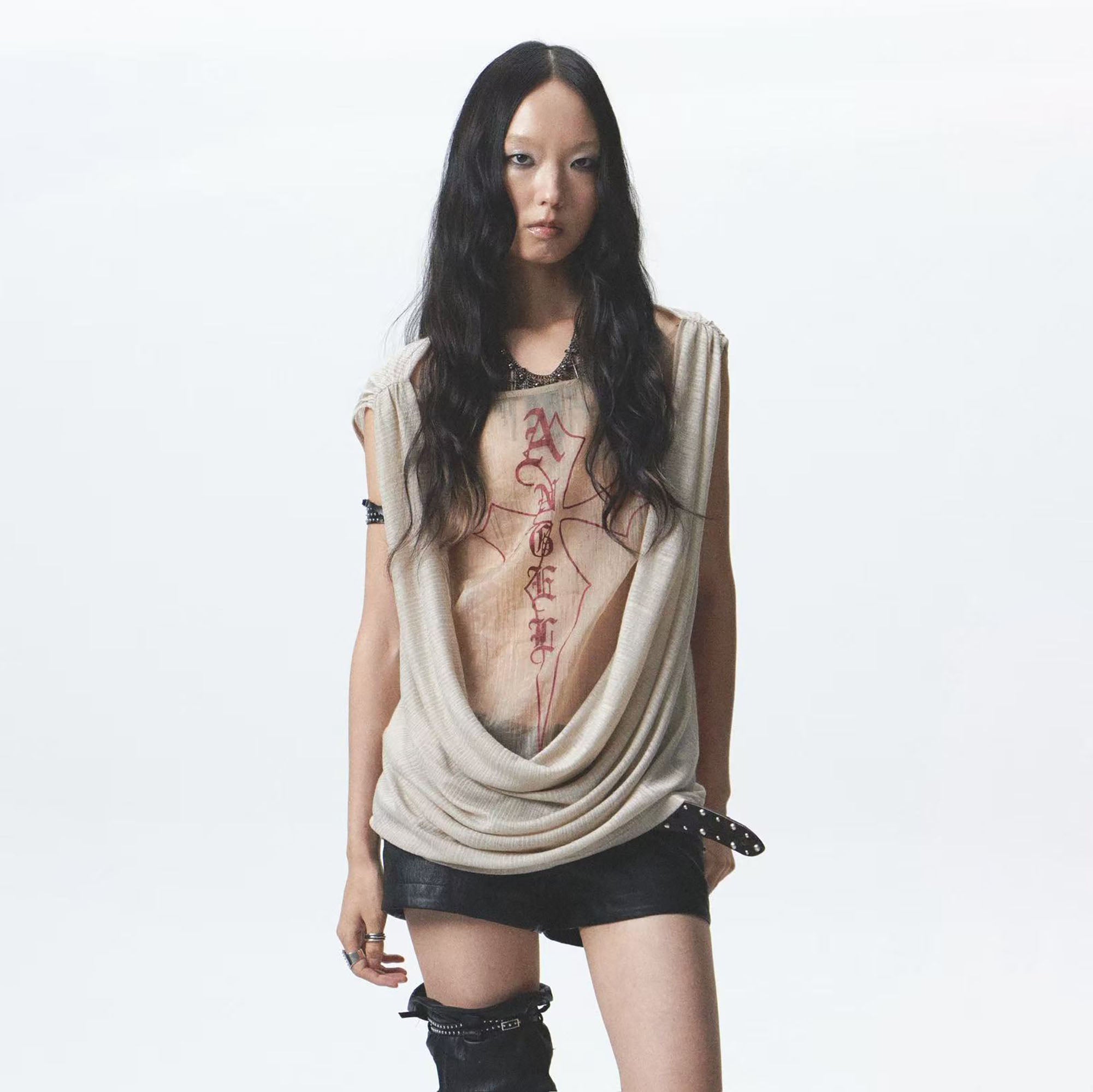 NONAME SPACE Draped Mesh Cross Graphic Top