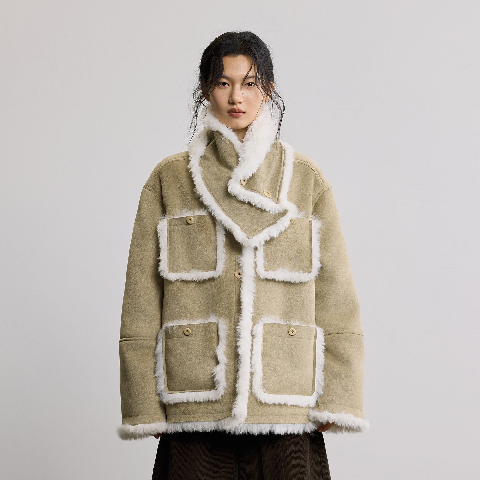 SAME FLOW Detachable Scarf Faux Shearling Suede Jacket