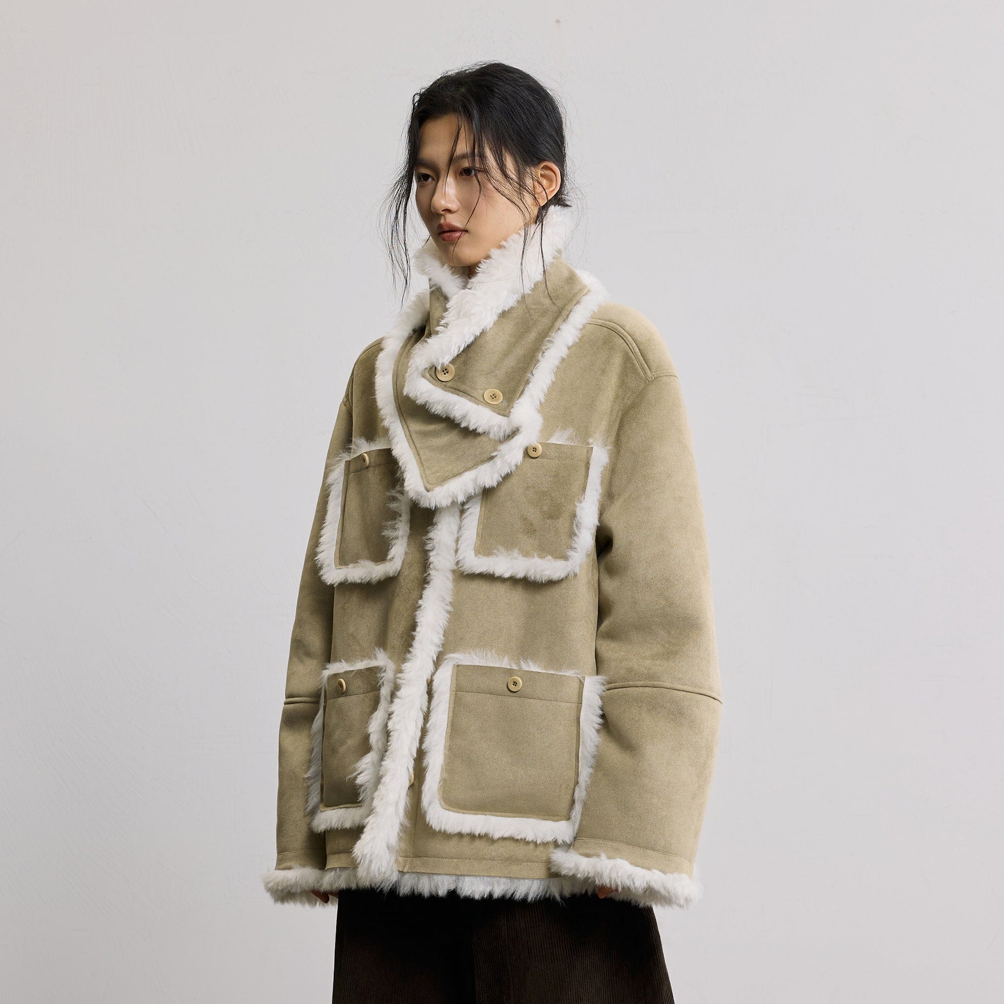 SAME FLOW Detachable Scarf Faux Shearling Suede Jacket