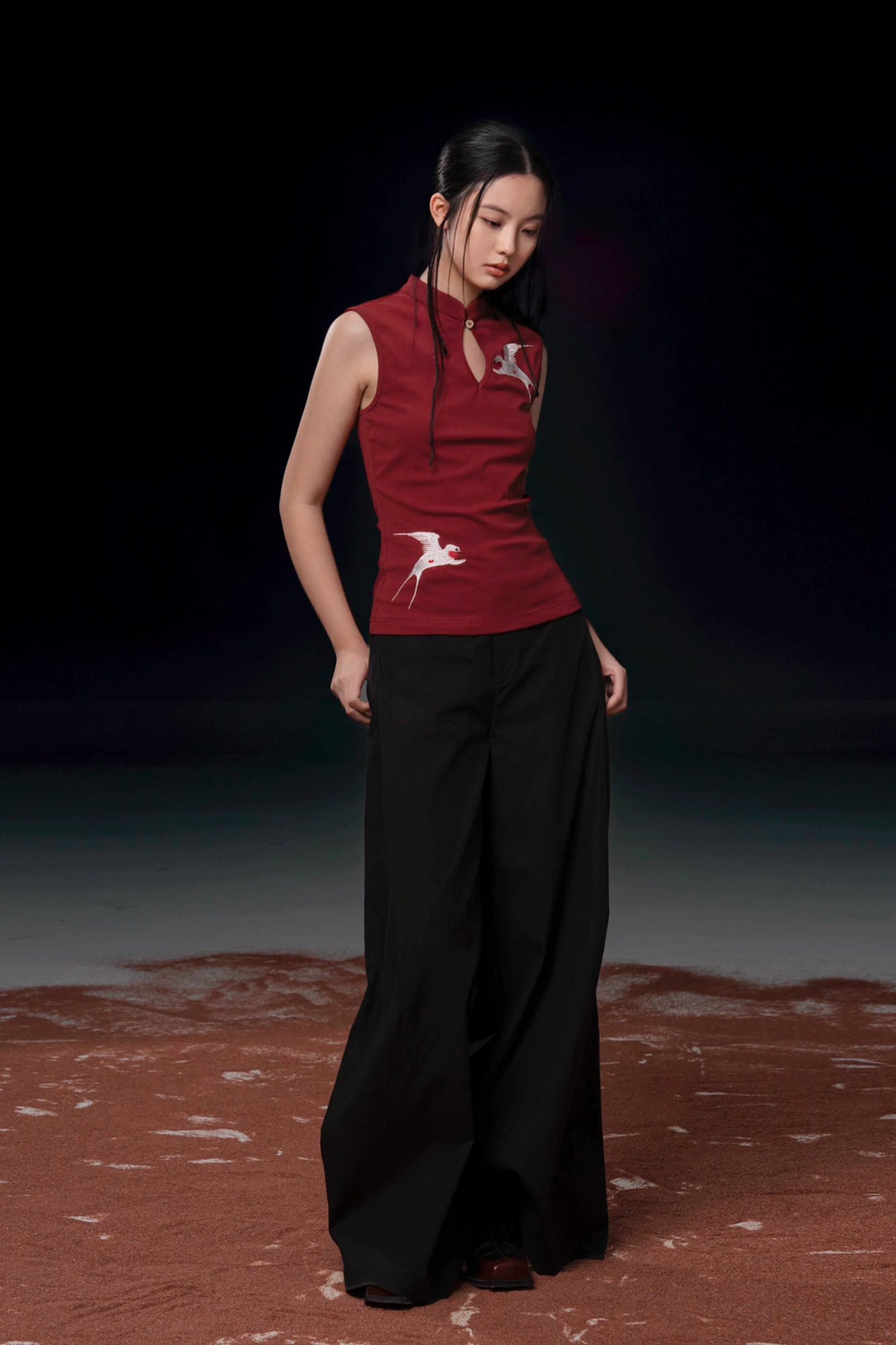 WUHEYIZUO Swallow Embroidered Keyhole Top