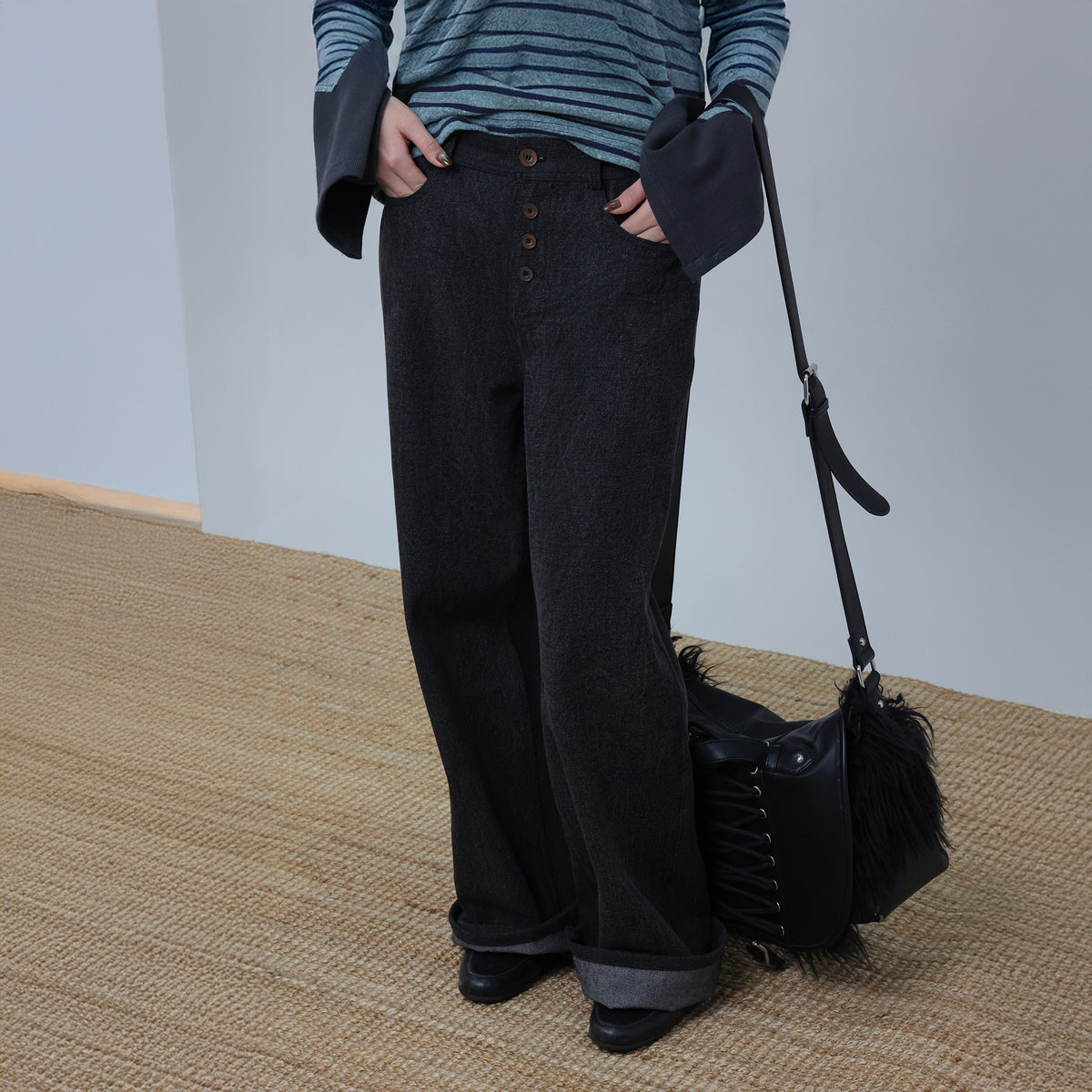 UDON Washed Button-Fly Wide-Leg Jeans