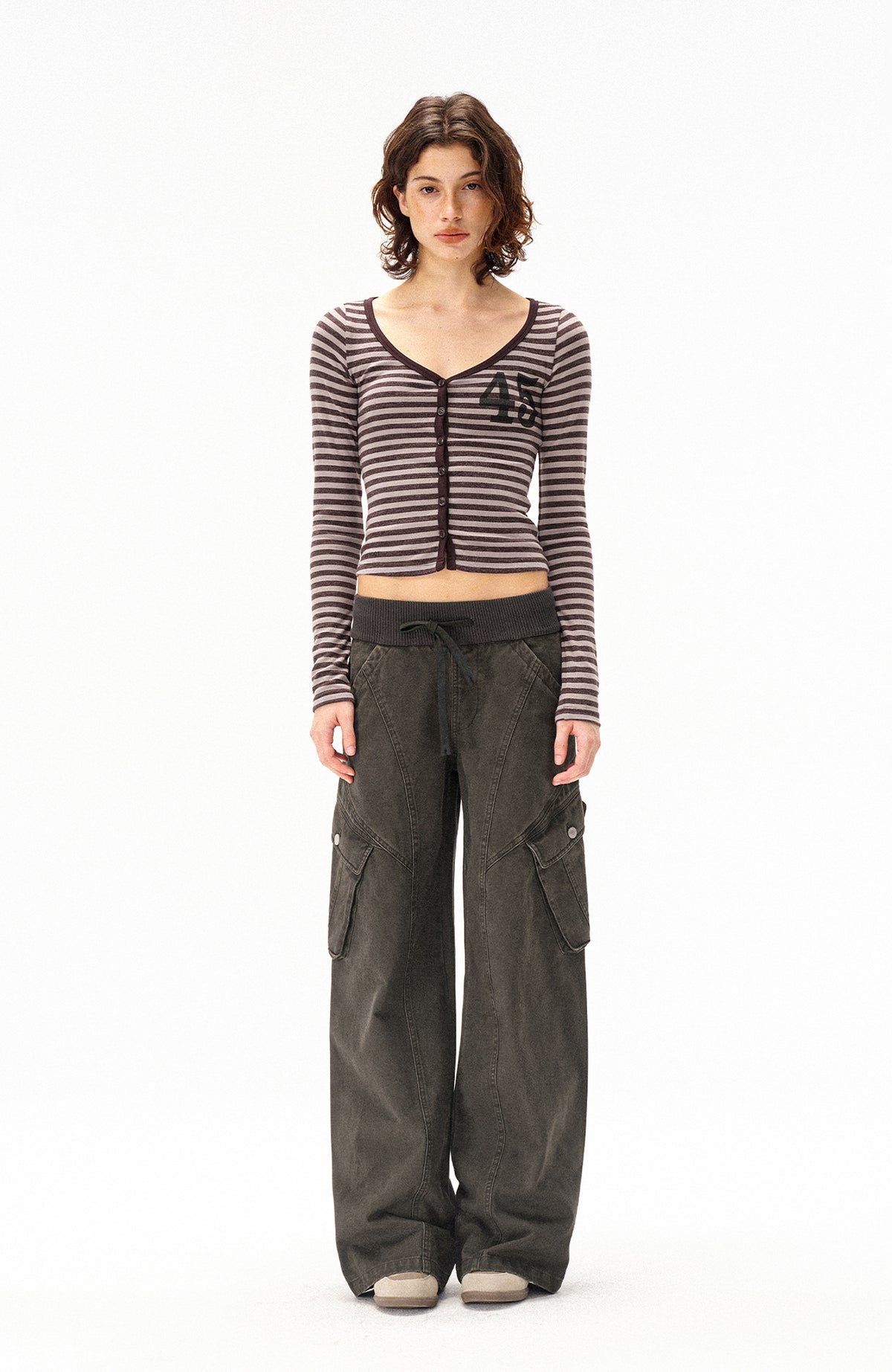 COSTUSTOOT Multi-Pocket Washed Distressed Ribbed Waist Cargo Pants