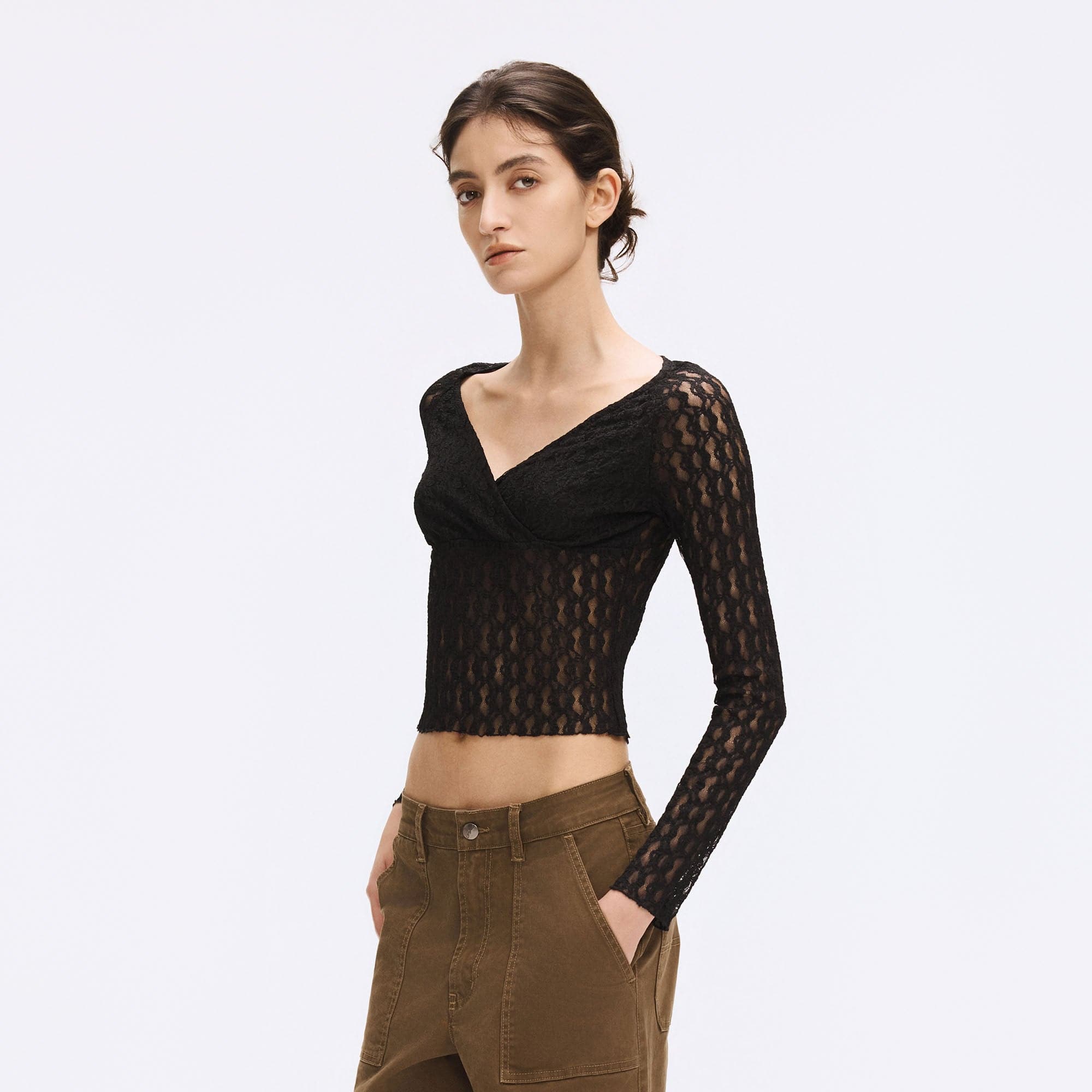 ARTIFICIAL WORLD Lace Wrap-Neck Long-Sleeve Tee